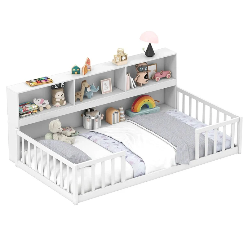 Twin Montessori Floor Bed, Wood Floor Bed Frame with Bookcase, Storage Shelves & Safety Fence Rails for Kids, No Box Spring Needed