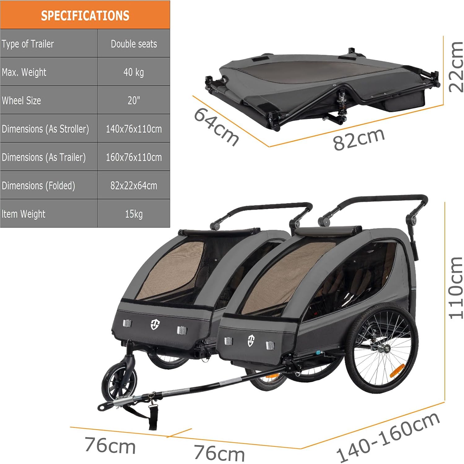 Tiggo VS Kinderanhänger 360° Drehbar mit Federung 2in1 Fahrradanhänger mit Buggy Set Jogger 5-Punkt Gurt Fahrrad Anhänger für 1 bis 2 Kinder max. 40kg