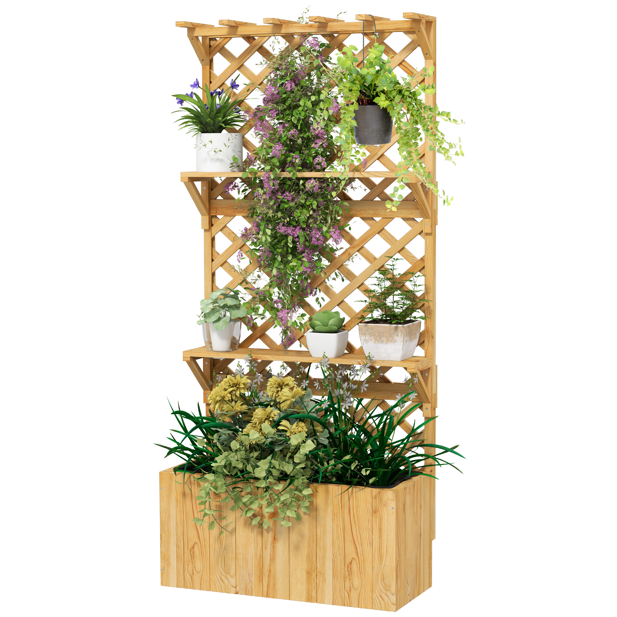 Verhoogd Bloembed met Klimrek, Bloembak, 2 Planken, Afvoergaten, 76 x 33 x 177 cm