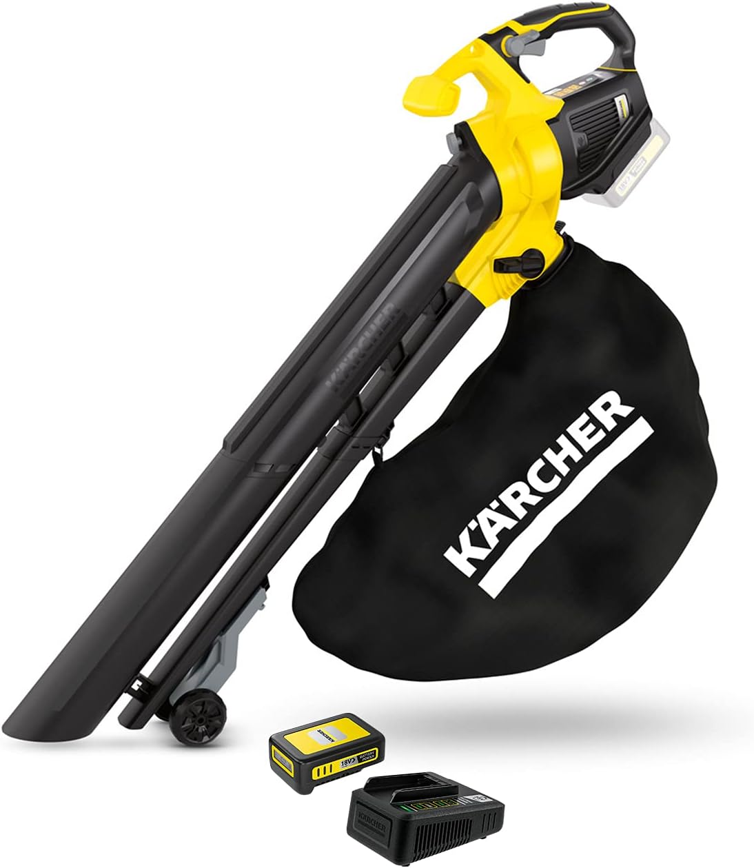 Kärcher 18 V Akku-Laubbläser und -sauger BLV 18-200 Battery Set, inkl. 18 V/2,5 Ah Akku und Schnellladegerät, mit Mulchfunktion, Luftgeschwindigkeit: 200 km/h, Fangsackvolumen: 45 l, Gewicht: 3,5 kg