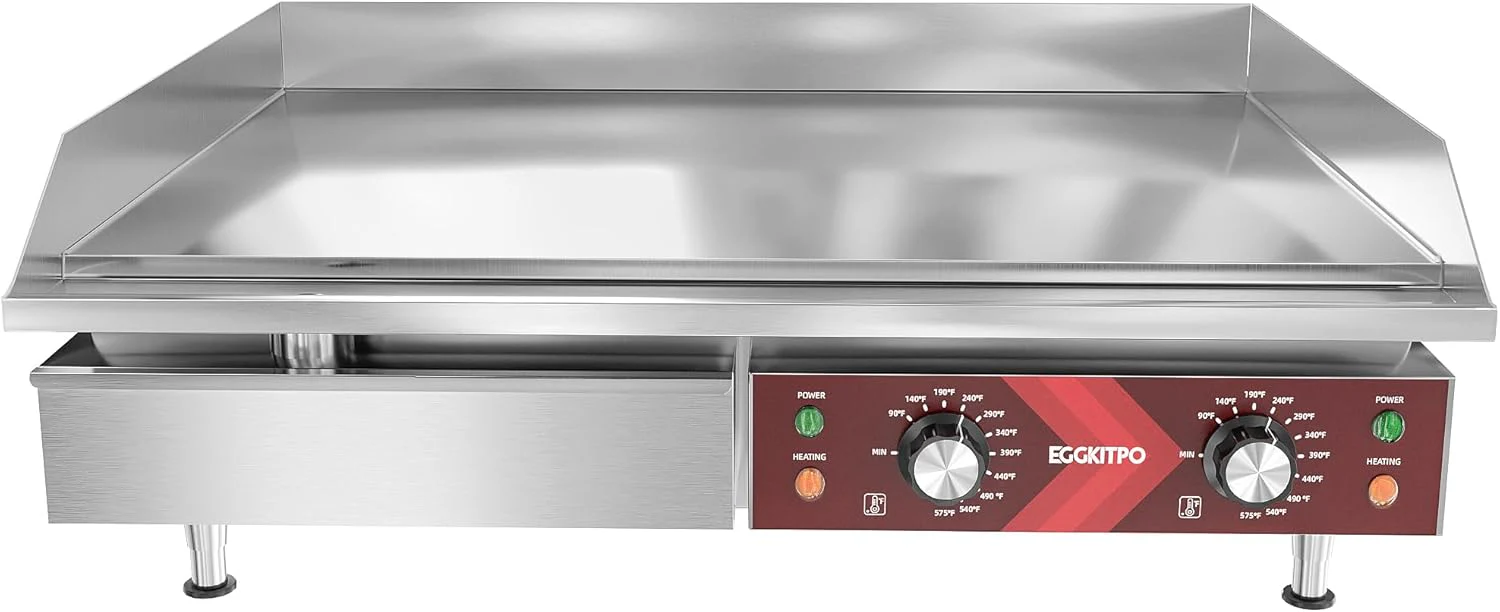 14 Inch Electric Griddle, Non-Stick Flat Top Grill Commercial Electric Countertop Griddles Stainless Steel Adjustable Temperature Control 90??F-575??F for Home or Restaurant Use