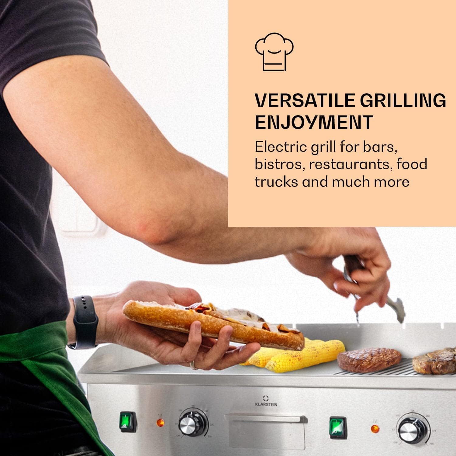 Klarstein Elektrogrill, Tischgrill mit LED-Anzeige, Elektrogrill für Balkon & Indoor, Edelstahl Grillplatte mit abnehmbarer Antihaftplatte & Spritzschutz,Grill Elektrisch 200 W