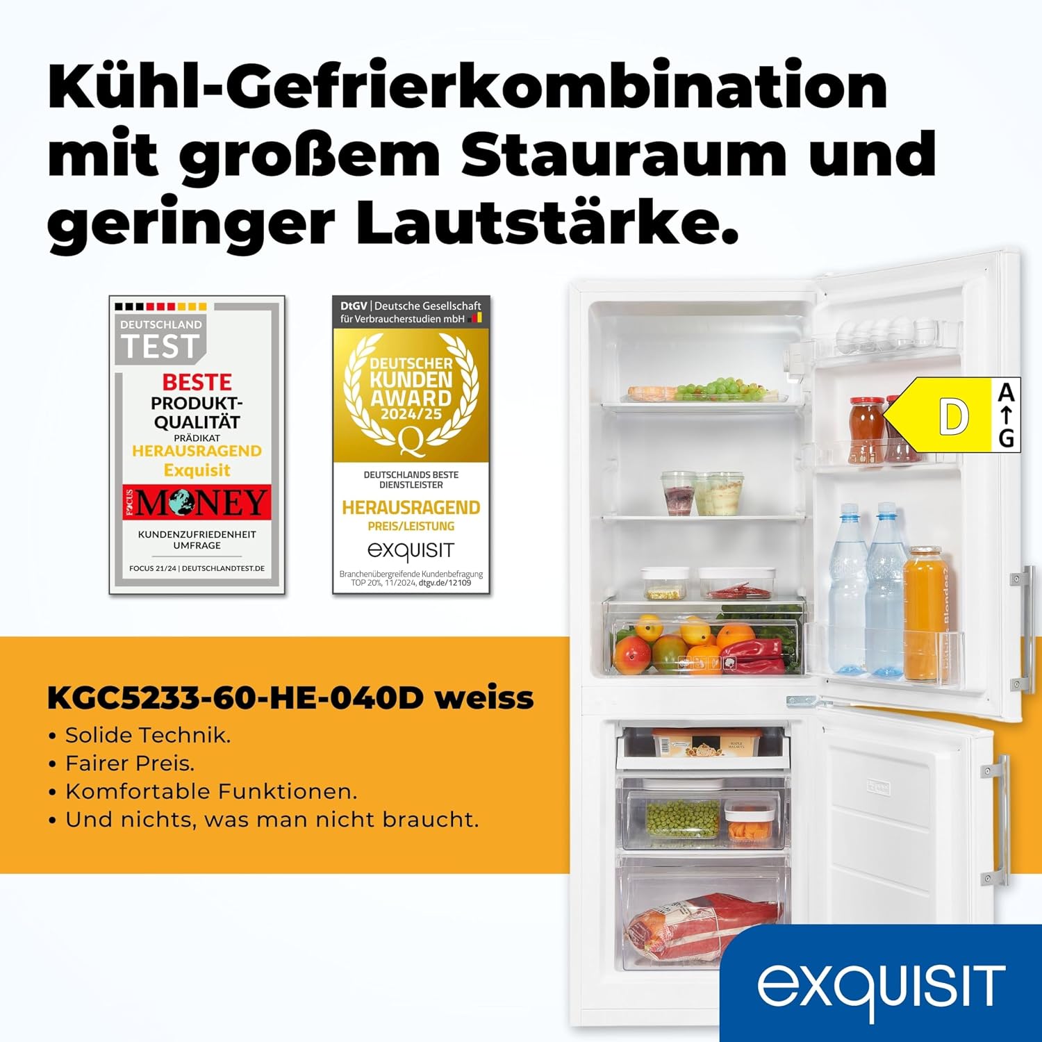 Exquisit Kühl-Gefrierkombination freistehend - Kühlschrank mit Gefrierfach, 173 l, 50 cm breit, 4-Sterne-Gefrierfach, LED, Türalarm, Weiß, KGC5233-60-HE-040D