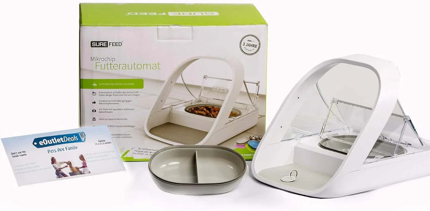 Automatischer Futterautomat für Haustiere - Mikrochip-Futterautomat für Haustiere - MPF001 - Geeignet für Nass- und Trockenfutter - Bonus eOutletDeals Tierhandtuch
