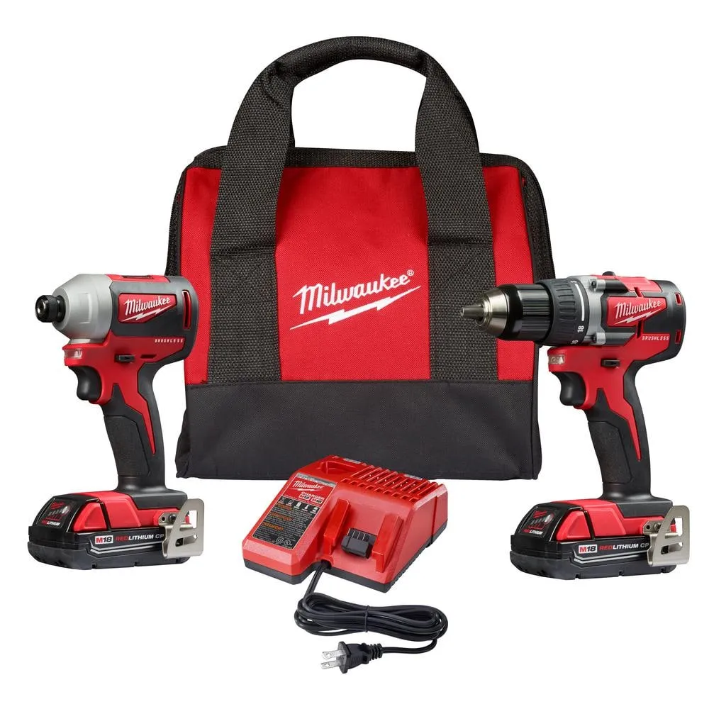 M18 18V lithium-ion borstelloze snoerloze compacte boor-/slagboormachine-combokit (2 gereedschappen) met (2) 2,0 Ah accu's, oplader en tas 2892-22CT
