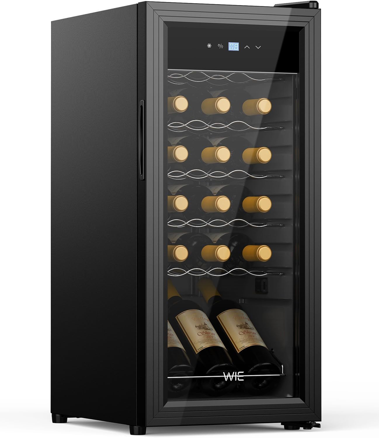 WIE Cave à Vin 18 Bouteilles 53L Réfrigérateur à Vin 5°C-18°C Refroidissement par Compresseur Verre Porte Panneau Tactile LED Intérieur Frigo Vin Bar Intérieur/Extérieur