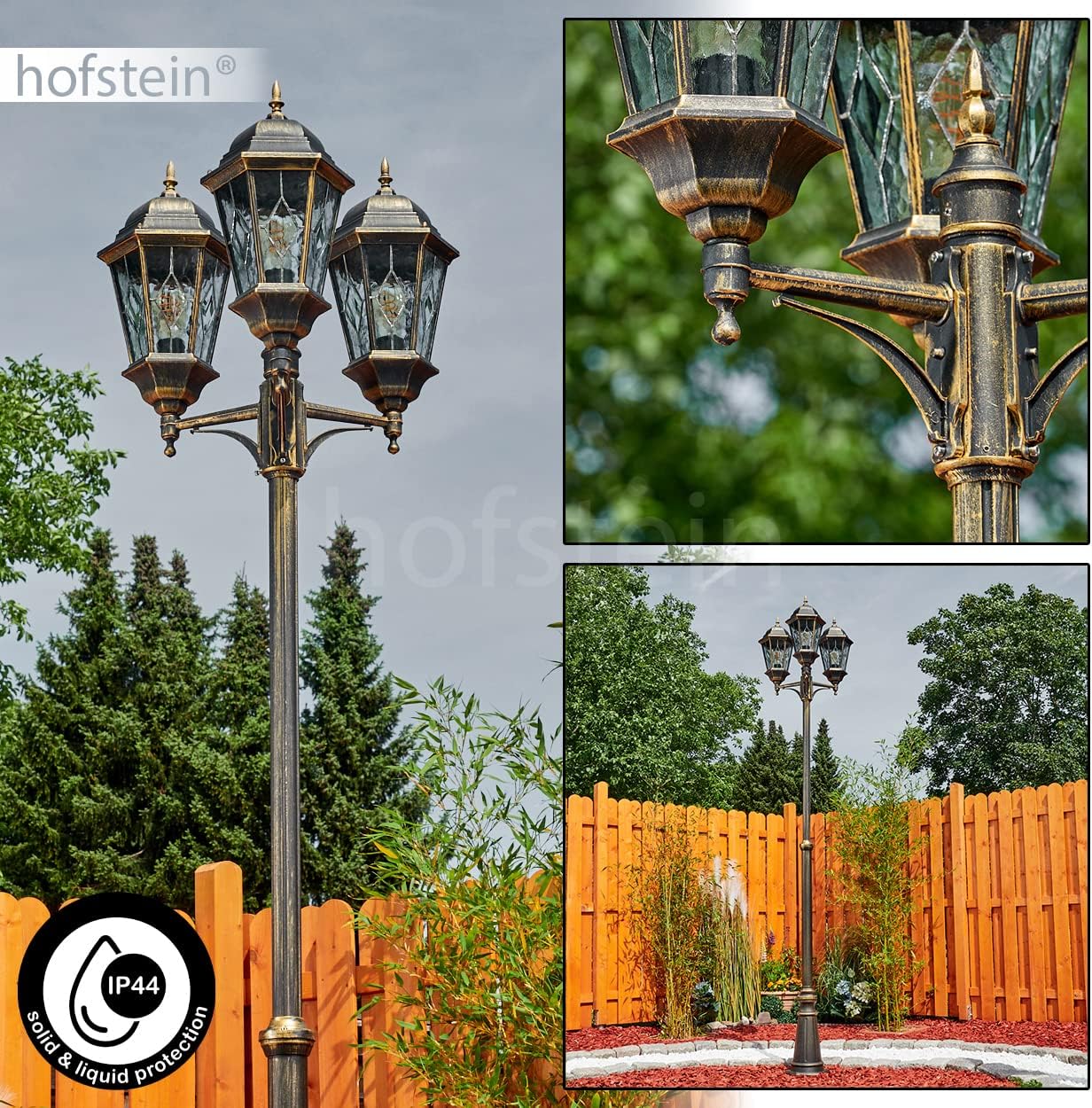 HOFSTEIN Kandelaber Hongkong, Außenwegeleuchte aus Metall/Glas in Braun/Gold/Klar, Wegeleuchte im Antik/Retro/Vintage-Design für Garten, Außenbereich, Hof, 220 cm, 3 x E27, IP44