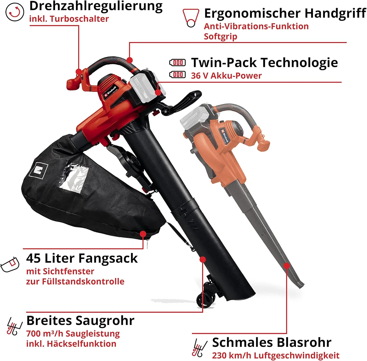 Einhell Accu-bladzuiger/-blazer GE-CL 36/230 Li E-Solo Power X-Change (Li-Ion, 18 volt, zuig-/blaasfunctie, turboschakelaar, incl. zuigbuis + blaasbuis, zonder accu en lader)