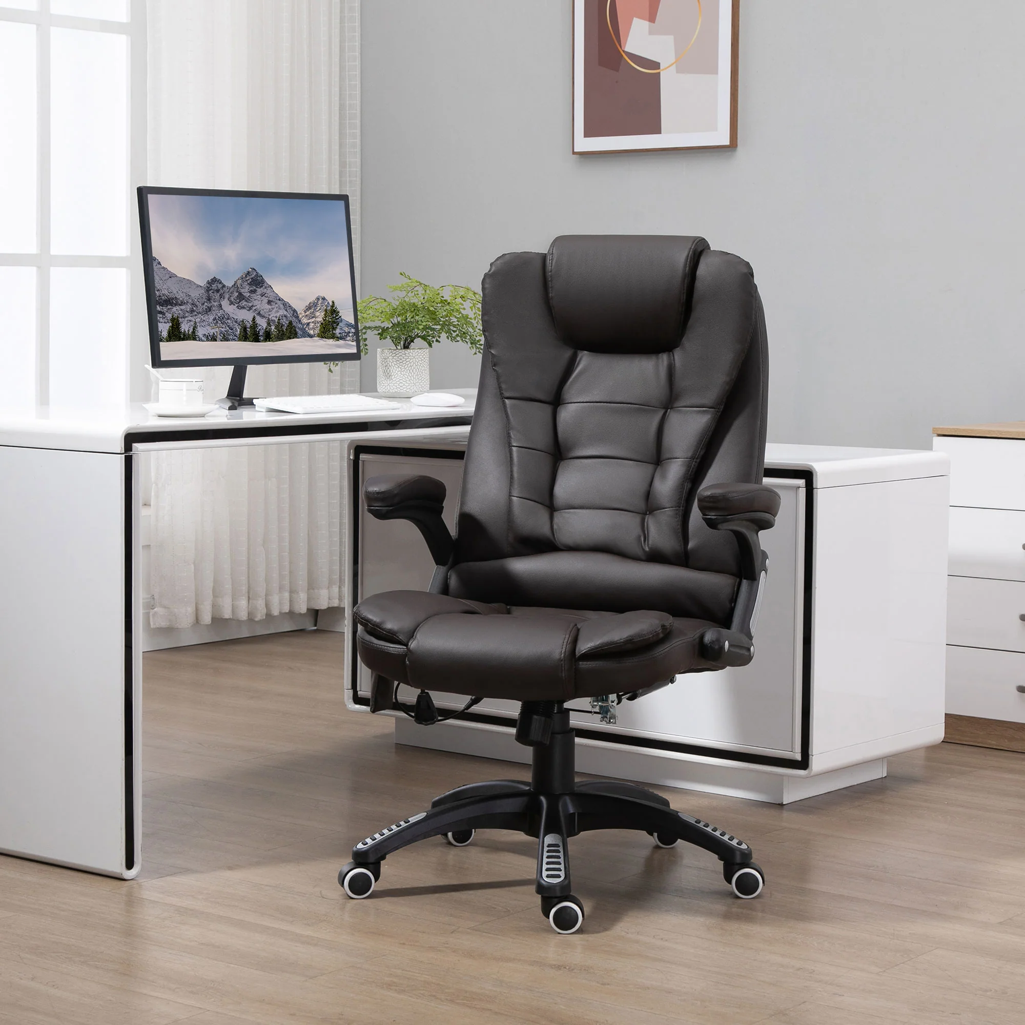 Executive bureaustoel met massage en verwarming, PU-leder hoge rugleuning bureaustoel, bruin