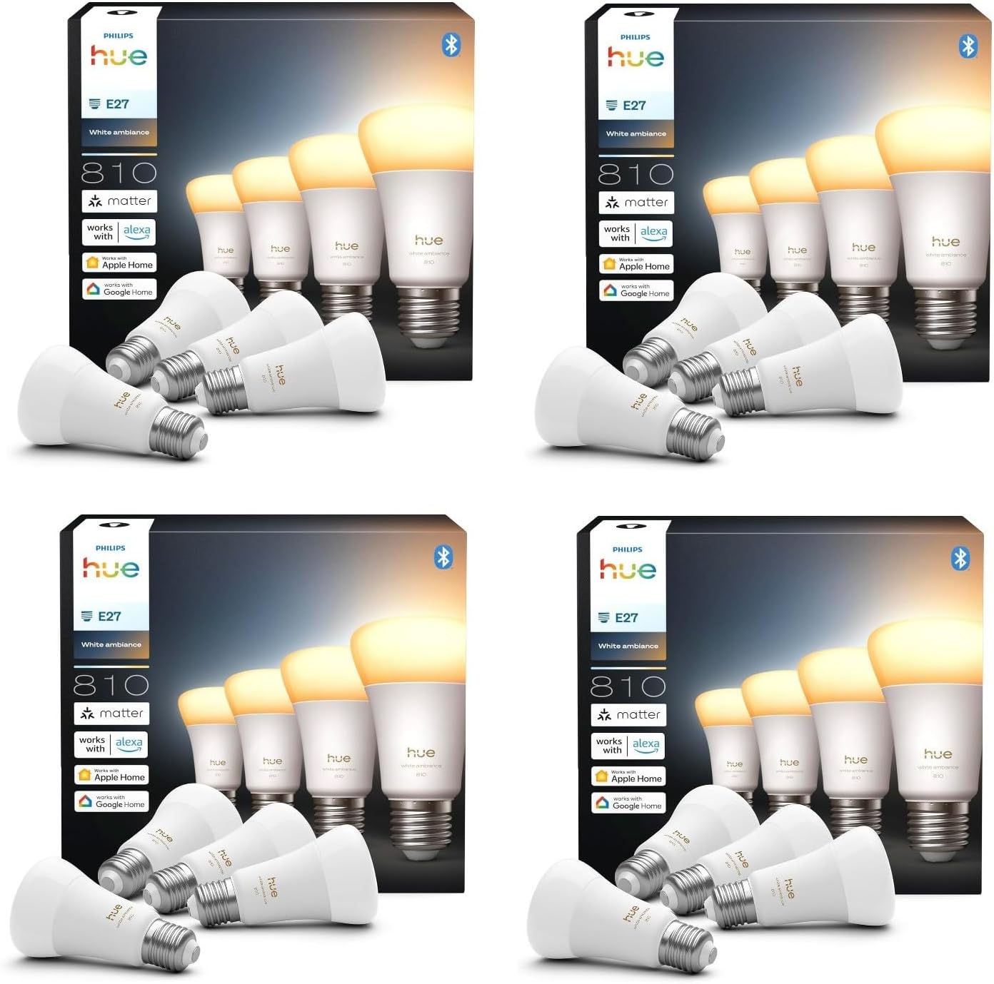 Hue Bundle – 4 x Quad-Packs White Ambiance 810 A60 E27 Smart-Leuchtmittel (16 Glühbirnen), dimmbare LED, warmes bis kaltes Licht, App- und Sprachsteuerung, funktioniert mit Alexa, Google Home
