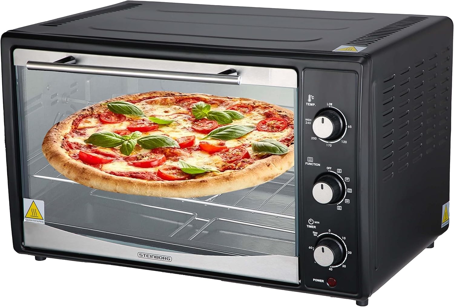 Mini Backofen 45 Liter mit Umluft | Elektrischer Drehspieß | 1800 Watt | Umluft Ofen | Pizzaofen | Innenbeleuchtung | Inkl. Backblech und Grillrost | Minibackofen | Kleiner Backofen | Miniofen