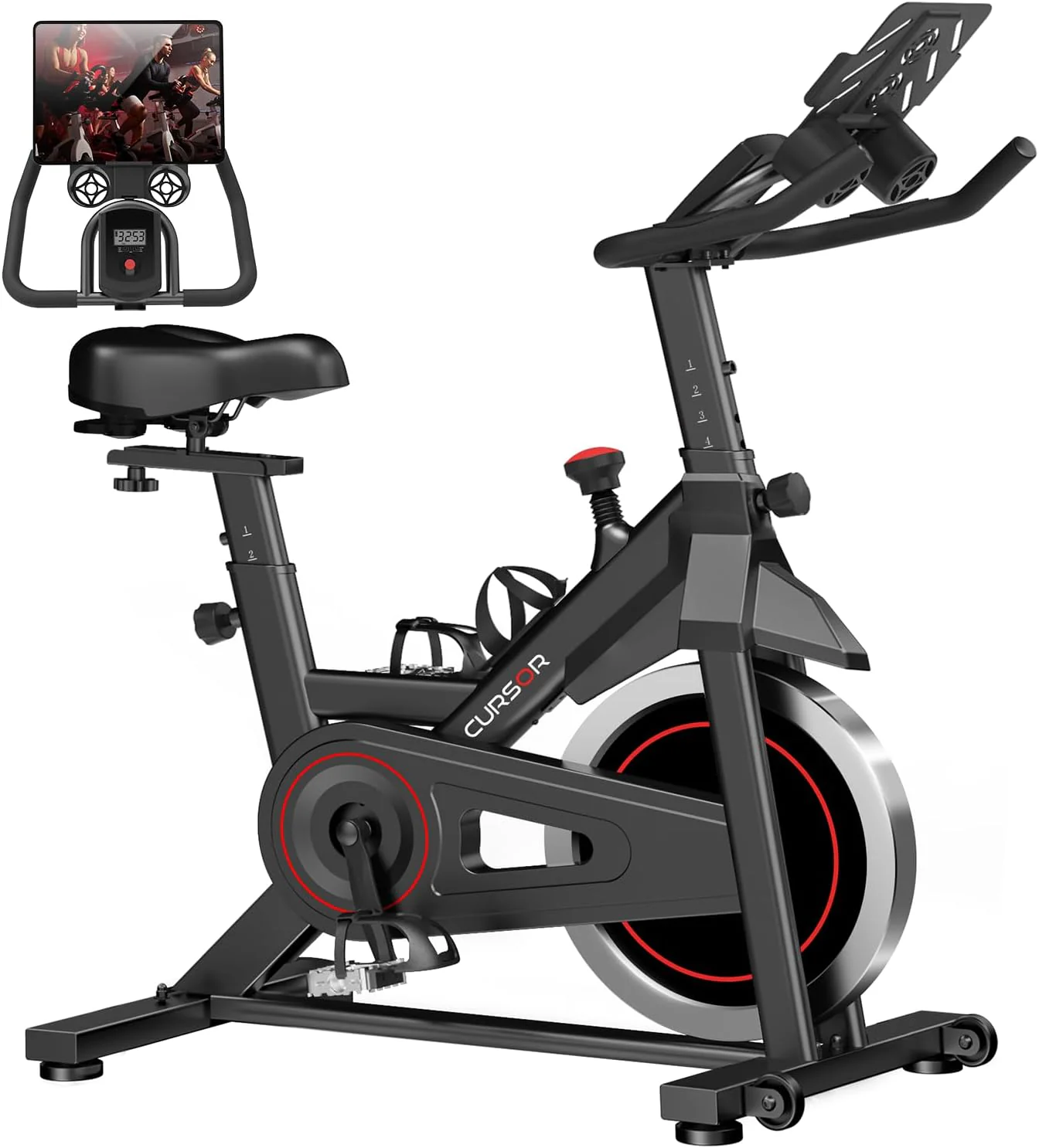 CURSOR FITNESS Exercise Bike. Stationary Bikes for Home. 300 LBS Capacity. Workout Bike with Silent Belt Drive. Indoor Cycling Bike with Extra Comfort Seat/IPad Mount/3 Bottle Holders