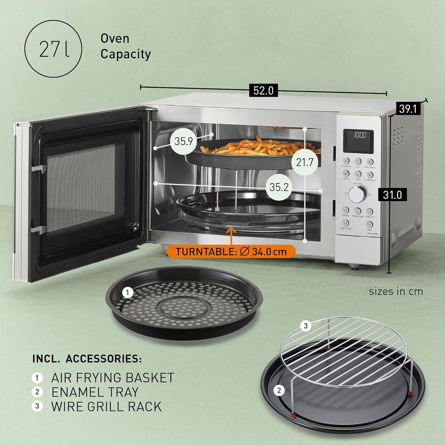 Panasonic NN-CD58RSEPG 27L 4-in-1 Kombi-Mikrowelle mit Airfryer Modus und Garkorb, 1000W Inverter, 1300W Grill, Umluft, 19 Automatikprogramme, Edelstahl