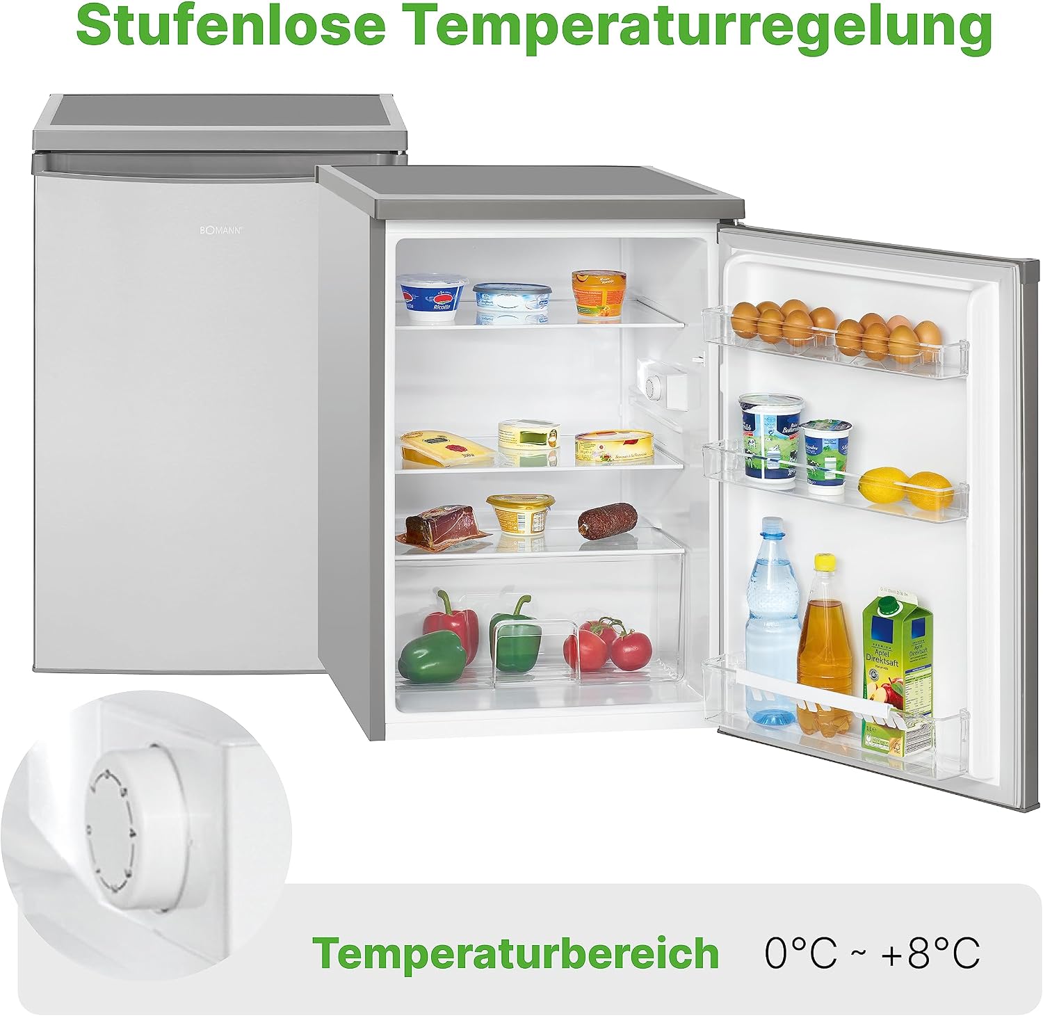 Bomann® Kühlschrank ohne Gefrierfach mit 133L Nutzinhalt | 3 Ablagen | klein m. Gemüsefach & wechselbarem Türanschlag | Tischkühlschrank leise | H:84.5 x B:56 x T: 57.5cm | VS 2185.1 inox