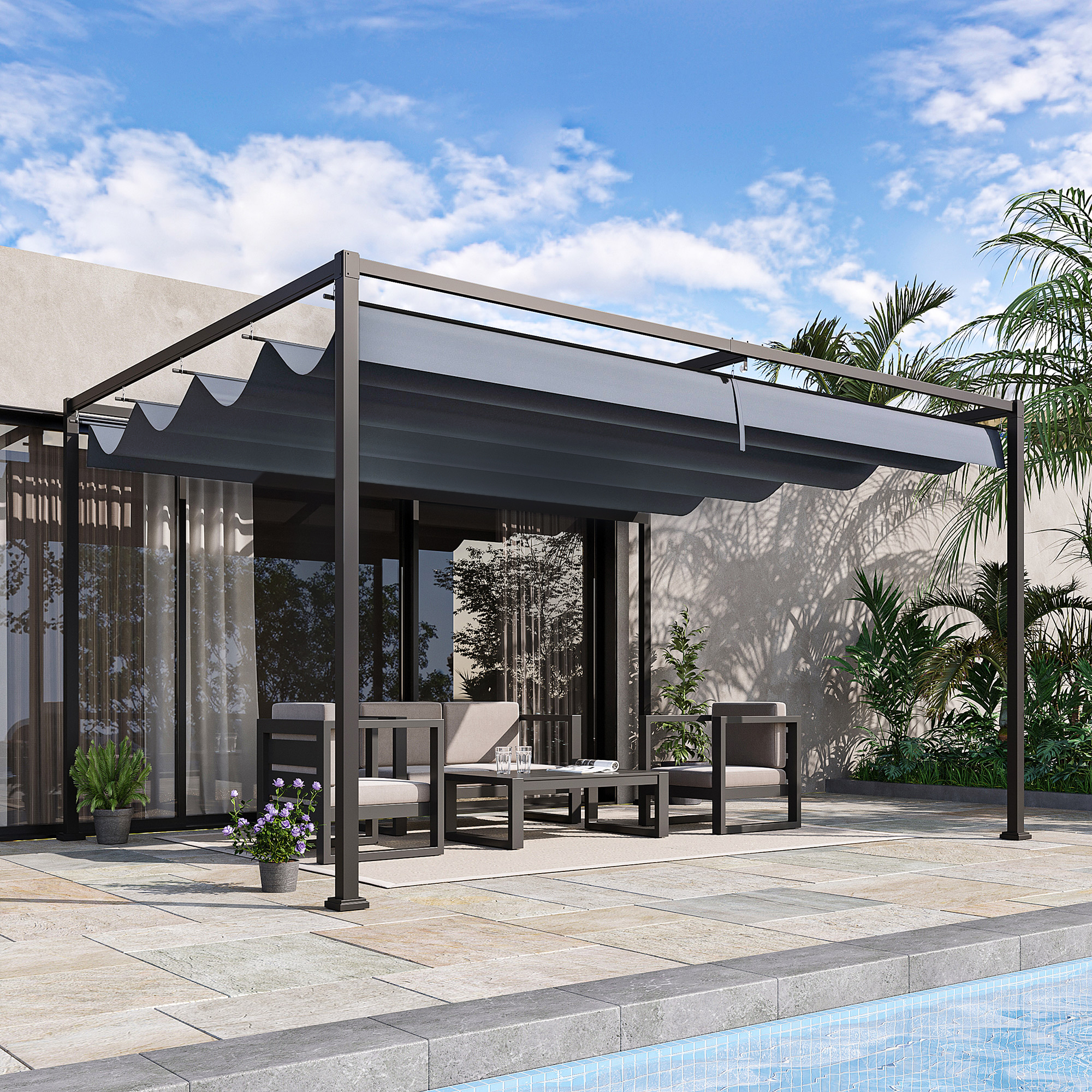 Pergola, Robuuste Zonwering voor Tuin, Balkon, Terras, van Metaal en Kunststof, UV- en Waterbestendig, Donkergrijs