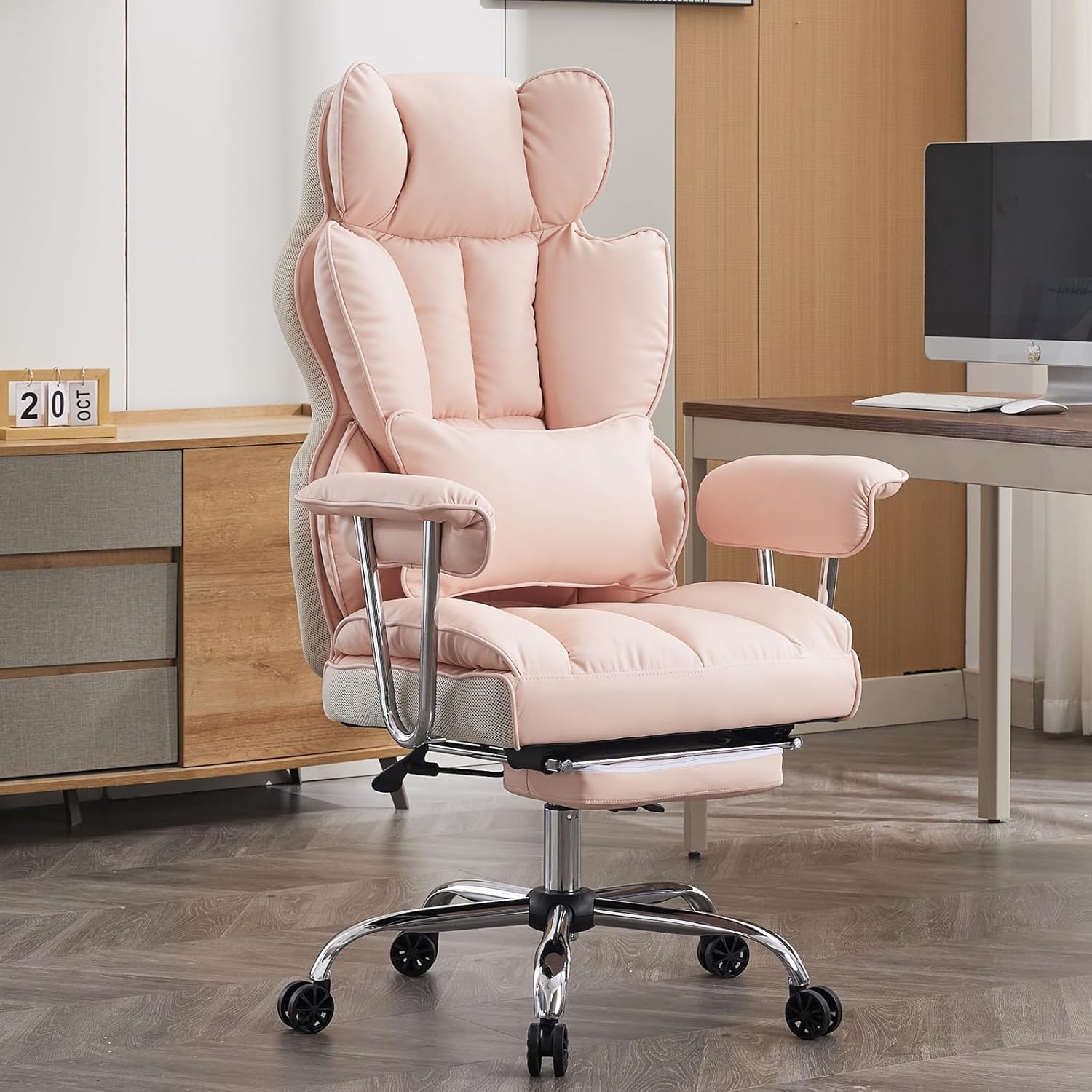 Efomao ergonomiczny fotel biurowy, krzesło kierownicze z PU skóry, fotel biurowy do 200 kg z podnóżkiem i podpórką lędźwiową, regulowane krzesło z wysokim oparciem
