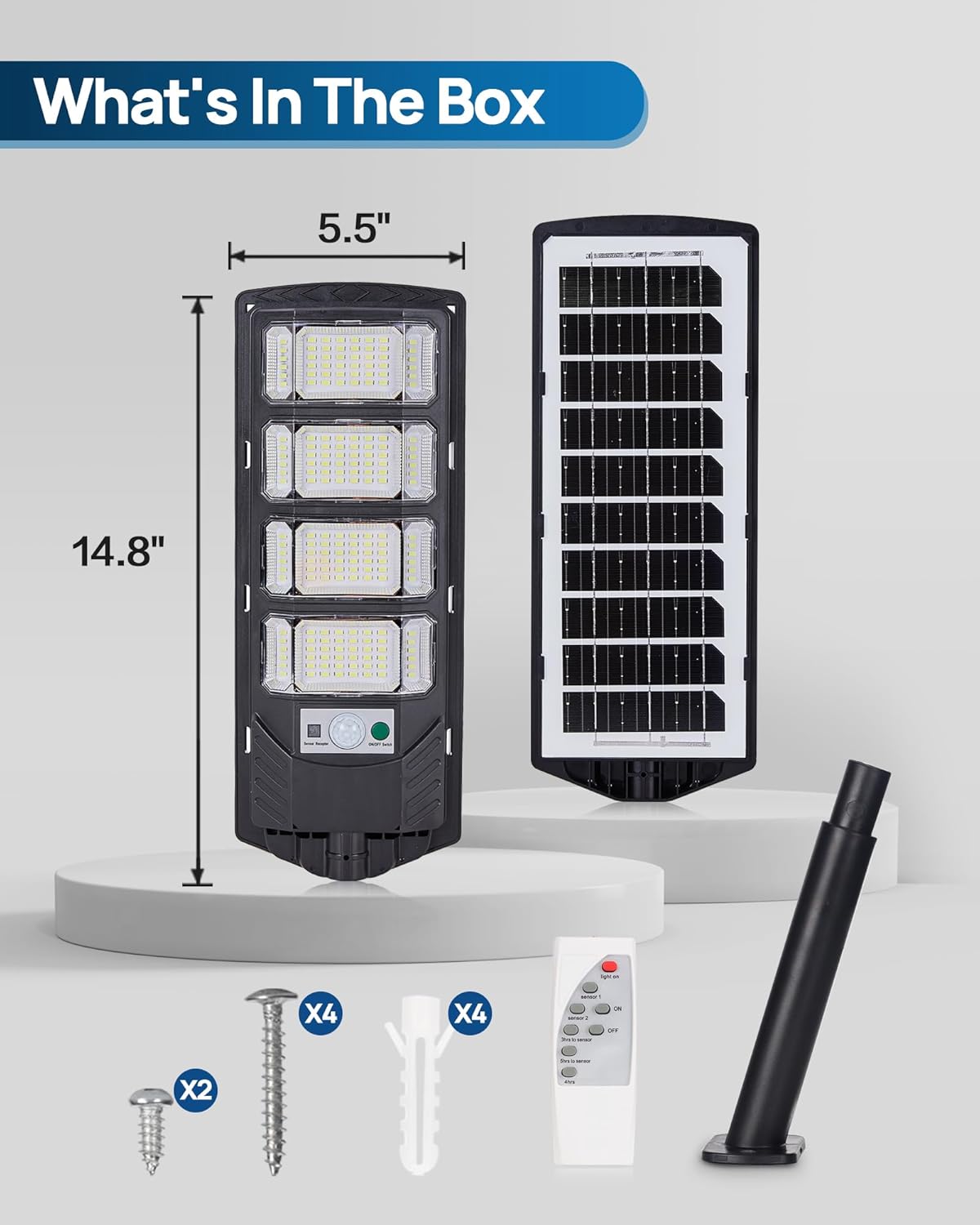 Solarleuchten Außen mit Bewegungsmelder, 192 LEDs 6500K Solar Straßenlaternen mit Fernbedienung, Dämmerung bis Morgendämmerung Wasserdicht Flutlichter für Hof, Garage, Parkplatz, 4er-Pack