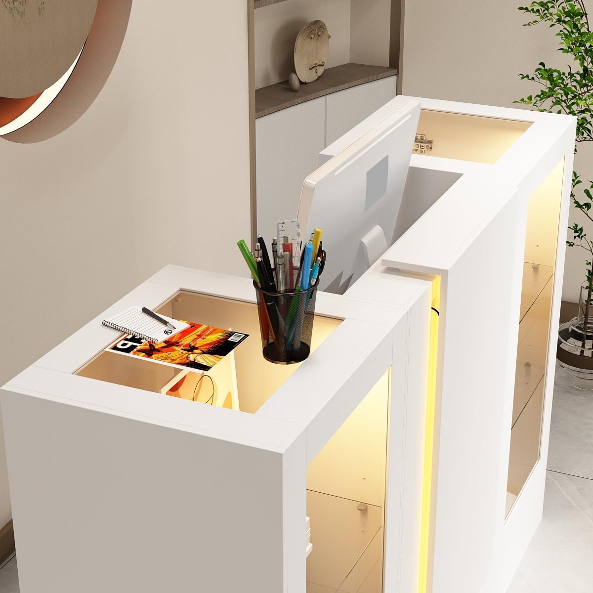 Caldion Empfangstheke mit LED-Beleuchtung,Empfangstresen mit Tatsaturschublade,Rezeptionstheke aus gehärtetem Glas,Empfangstisch mit 2 Schränken,Esszimmer,Büro,Weiß,150x51x103cm