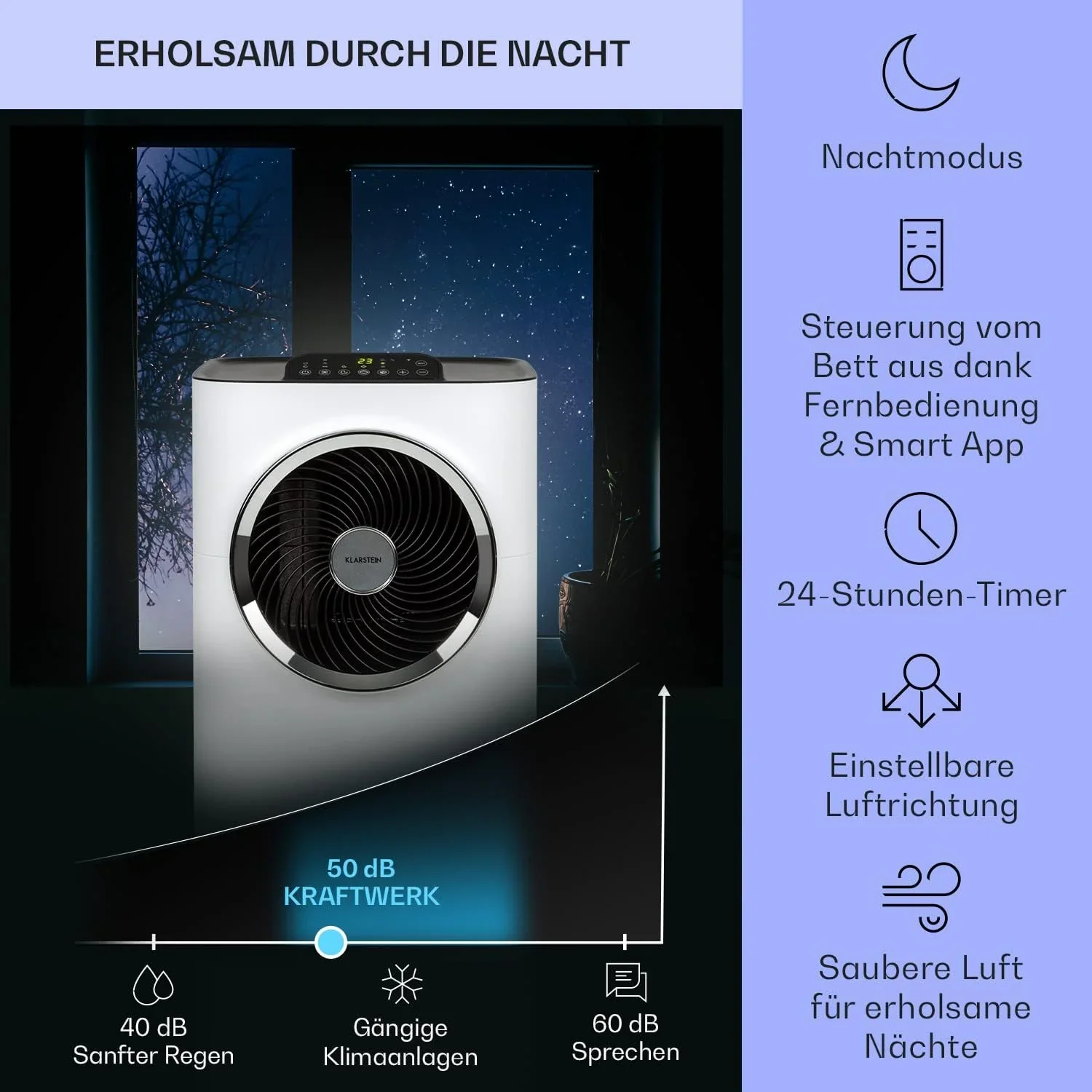 Klarstein Mobile Klimaanlage mit Abluftschlauch, 5-in-1 Klimager?t, Ventilator, Luftentfeuchter, Luftreiniger & Nachtmodus, App-Steuerung, Kleine & Portable, f��r Wohnung & B��ro, 12000 BTU