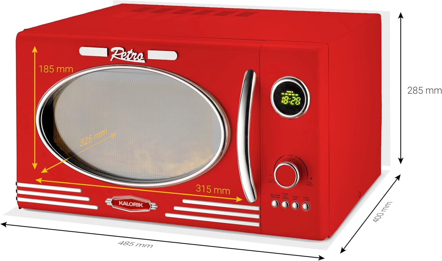 Kalorik TKG MW 2500 DG R, Mikrowelle, 25 Liter Innenraumvolumen, 60 Min. Timer, Grillfunktion, Glastür, 900 W, Rot