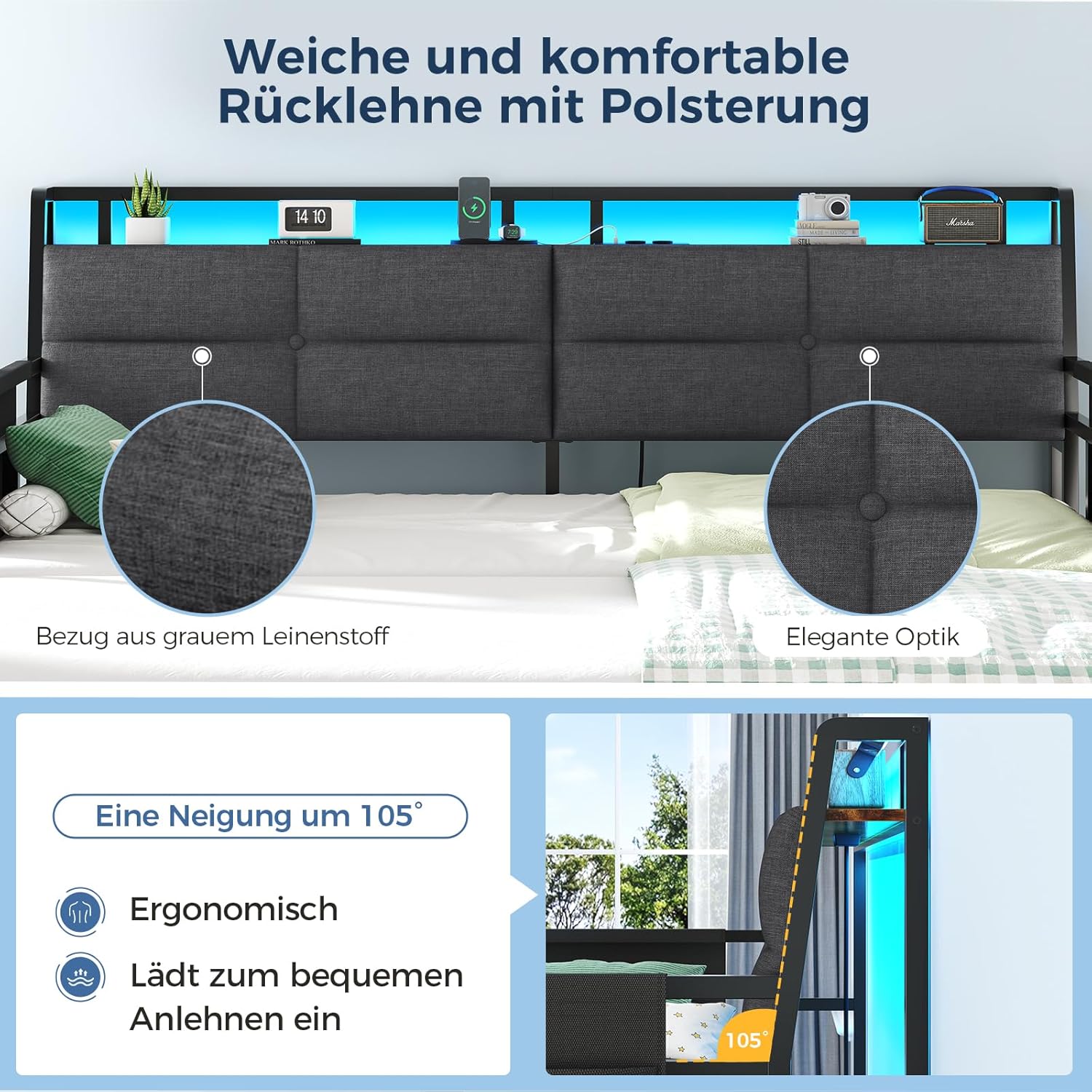Brinlawb Schlafsofa mit Ausziehbett, Tagesbett 90x200(180x200) cm, Tagesbett Ausziehbar mit LED Beleuchtung und Ladestation (2 AC-Steckdosen, 2 USB-Anschlüsse) Einzelbett und Doppelbett, Gästebett