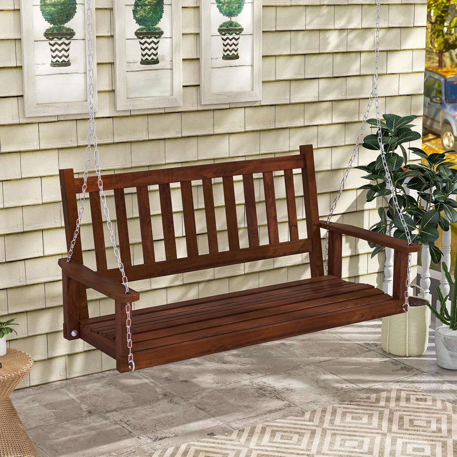 COSTWAY Hängebank aus Massivholz, 3-Sitzer Gartenschaukel zum Aufhängen, Hollywoodschaukel bis 360 kg belastbar, Outdoor-Schaukelbank für Terrasse, Garten, Hof, Braun, 168 x 65 x 63 cm