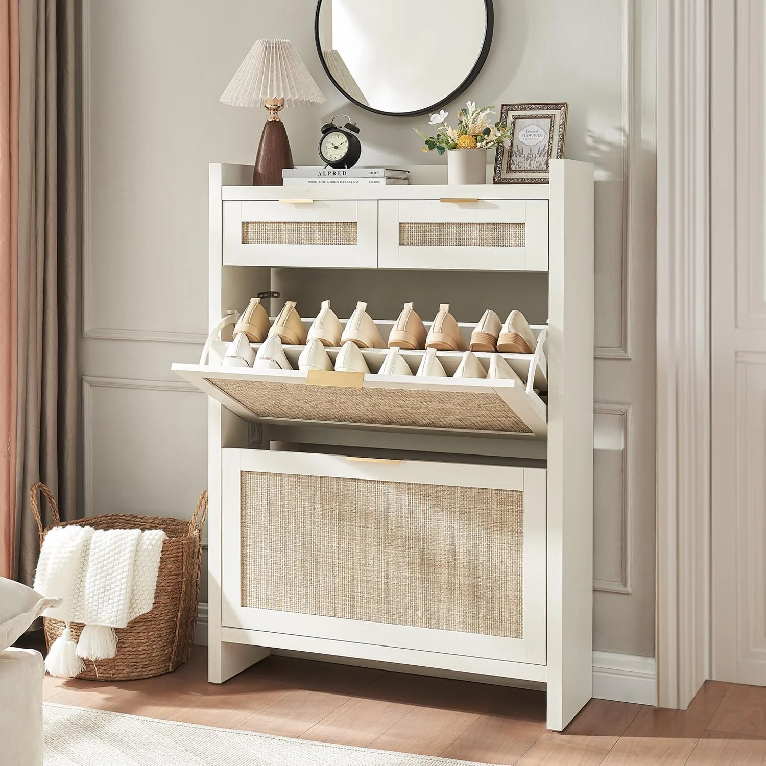 Large Rattan Shoe Storage Cabinet with 4 Flip Drawers & 2 Storages–Hidden Slim Shoe Organizer