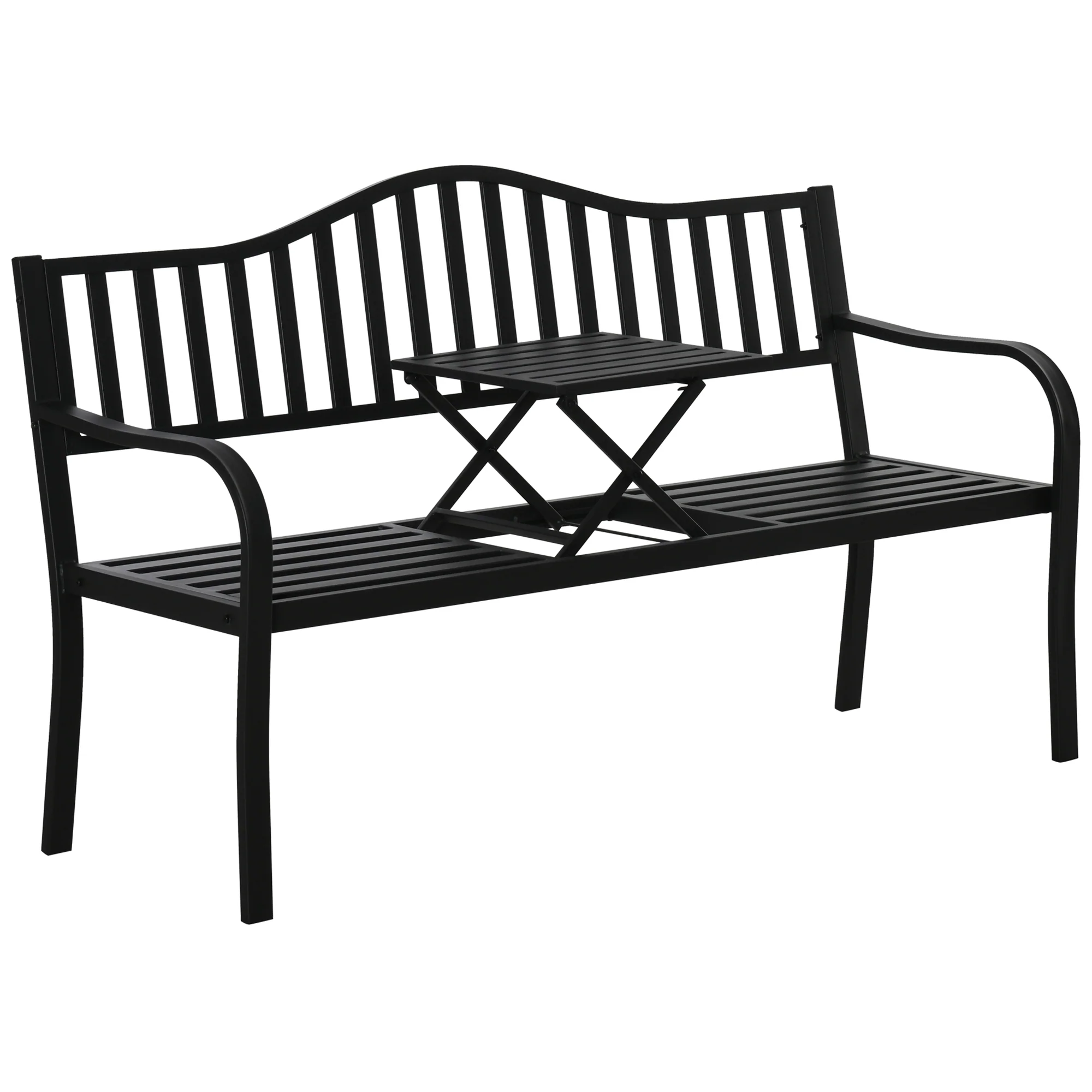Outsunny Tuinbank met uitschuifbare tafel voor 2-3 personen Metalen parkbank Zitbank Terrasbank met rugleuning en armleuningen Tuinmeubels Zwart 150 x 58.5 x 90 cm