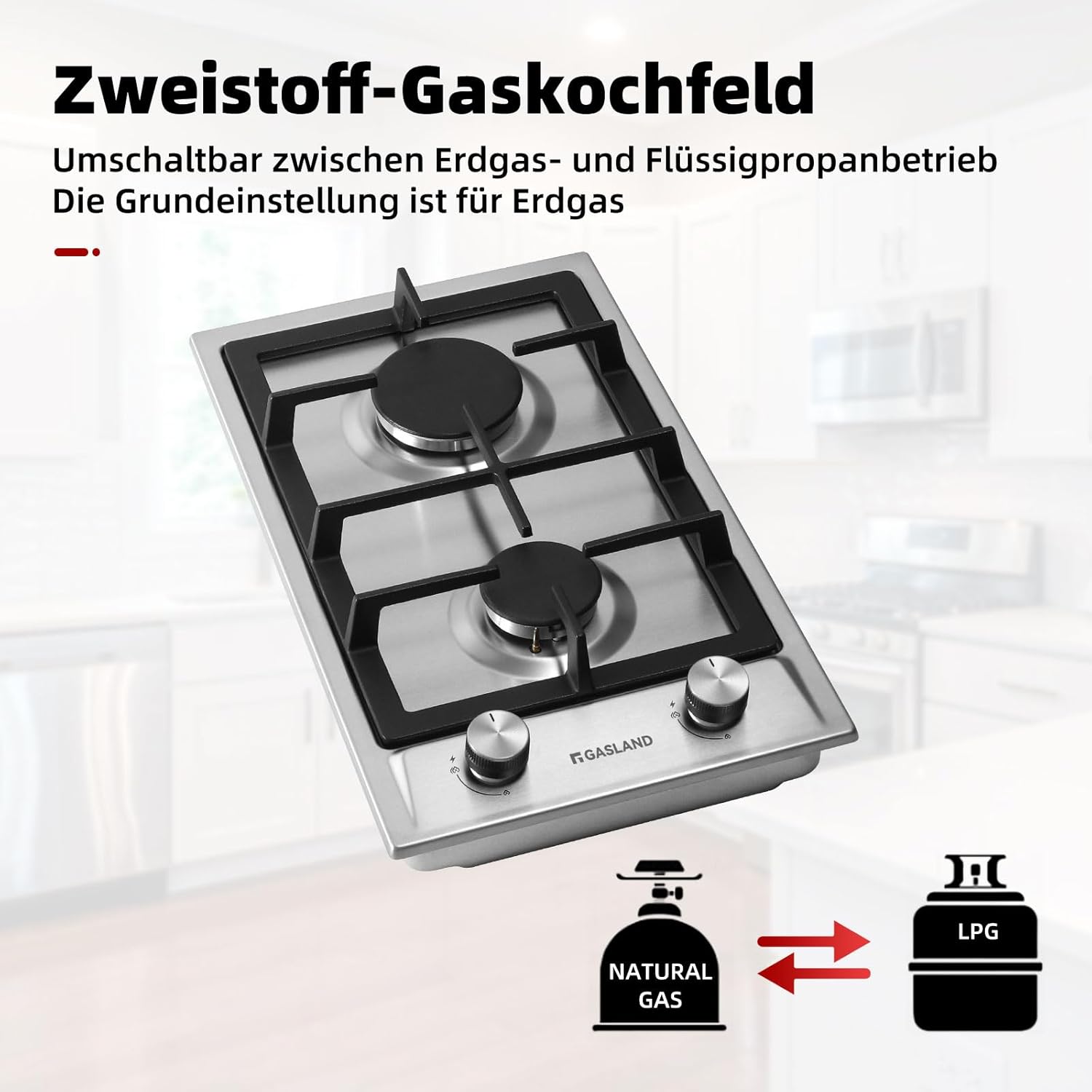 GASLAND GH60SF Einbau Gaskochfeld Edelstahl 4 Flammig, Gas Einbau Autark Gaskochfeld, 8000 W Butan-Gasherd, LPG/Erdgas