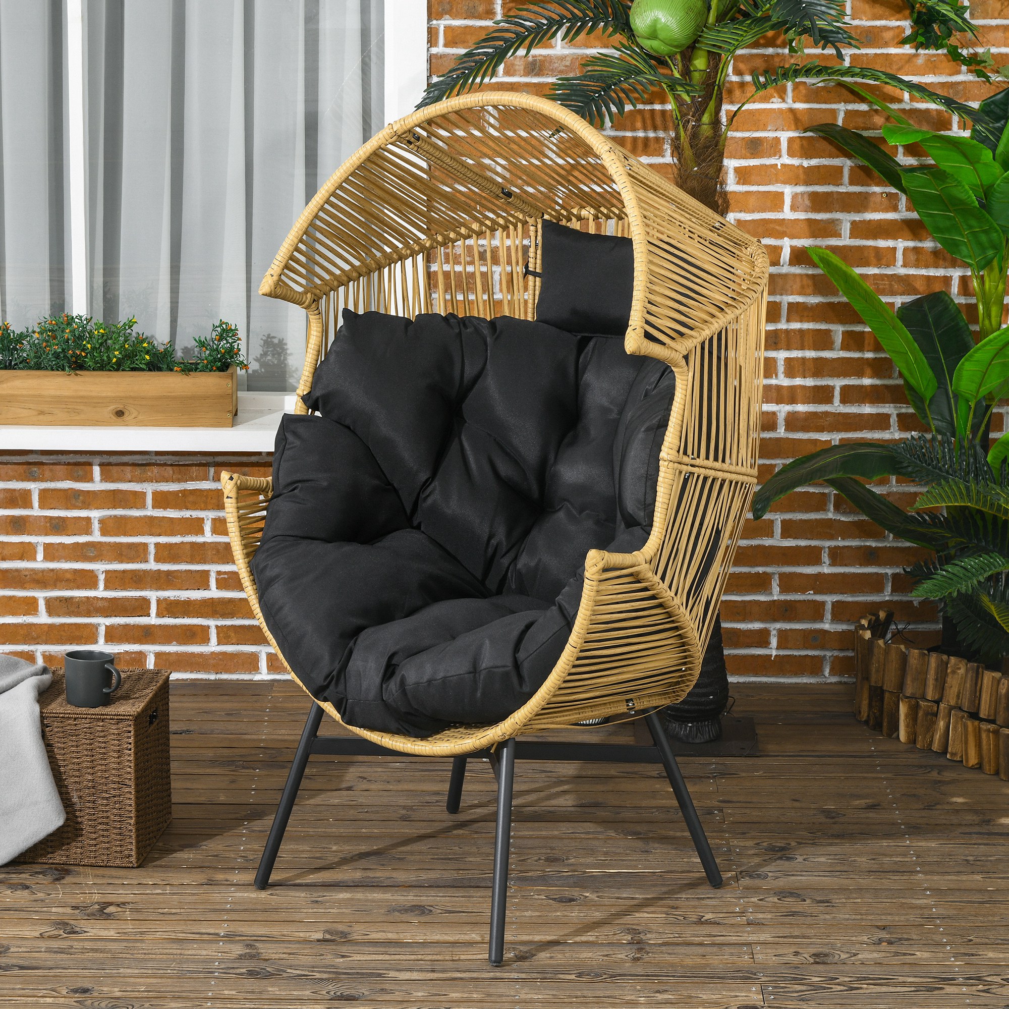 Rotan Stoel Buitenshuis Tuinstoel, PE-Rotan, 89 cm x 75 cm x 143 cm, Natuur + Zwart