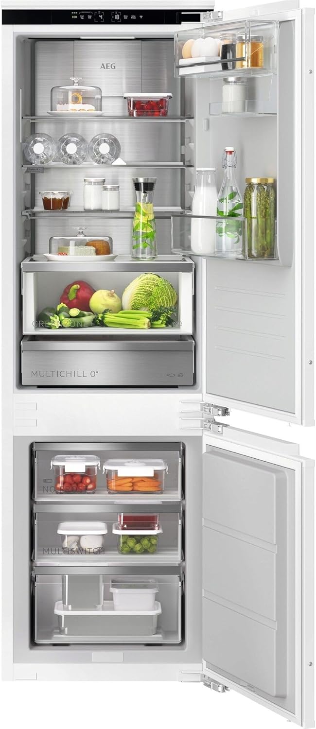 AEG WiFi Einbau-Kühl-Gefrierkombination 178cm, Serie 9000 MultiChill: Null-Grad-Schublade -3°C bis +5°C wählbar, Kühl- (116 L), Gefrier- (64L) & 0°C-Kaltraum (66 L), NoFrost, Festtür, TC9VS181BC