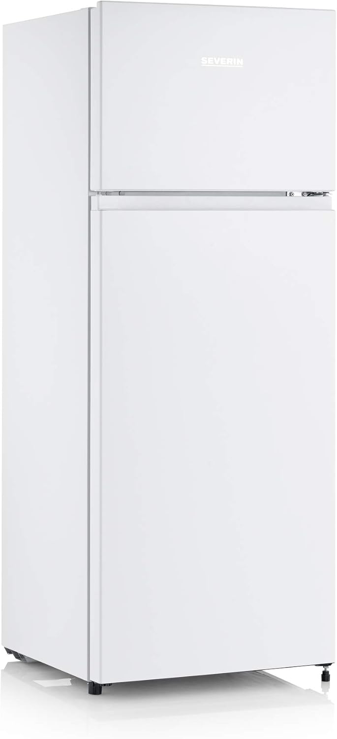 SEVERIN Réfrigérateur Congélateur 2 portes, Pose libre, Longueur 55 cm, 206 litres, Classe E, Veggibox incluse, Blanc, DT 8760