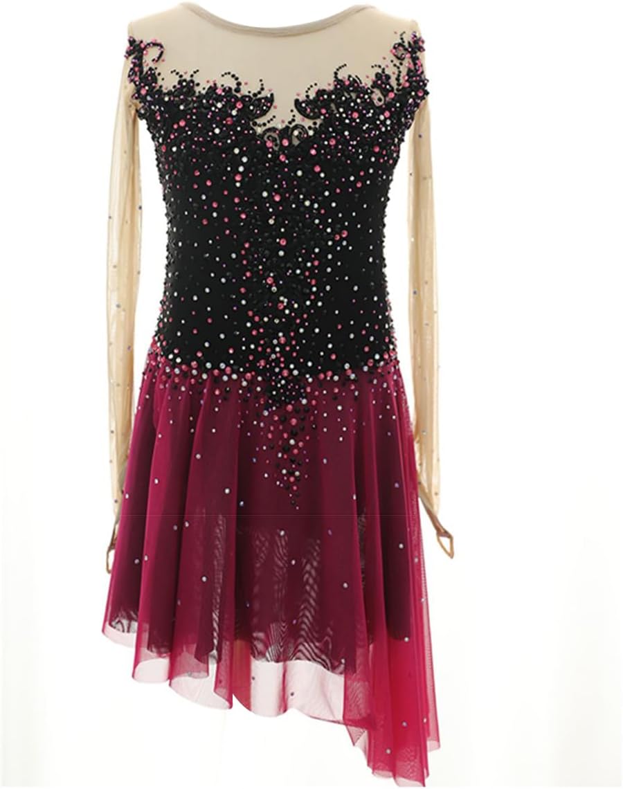 Damen Eiskunstlauf Kleid Glitzer Langarm Kürkleid mit Strass Rollkunstlauf Wettbewerb Tanzanzug Stretch Ballerina Kleid Für Damen Rollschuhkleid Eislaufkleid Glitzer