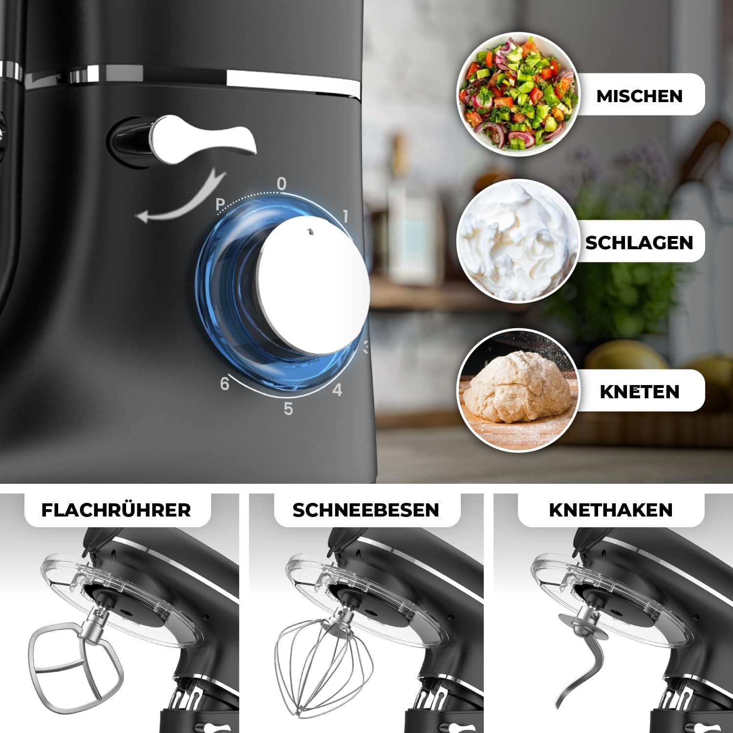 Fentic 6-in-1 Küchenmaschine – 2000W – Mit Fleischwolf, 1,5L Entsafter, Gemüseschneider und Mehr – Knetmaschine mit 6,2L Rührschüssel, Rührhaken, Knethaken, Schlagbesen und Spritzschutz (Schwarz)
