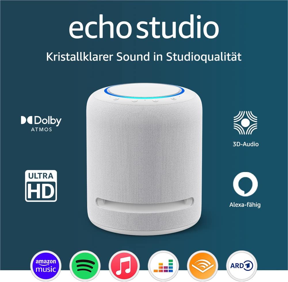 Echo Studio (Neueste Generation) | Der beste Klang, den unsere smarten WLAN- und Bluetooth-Lautsprecher je geboten haben �C mit Dolby Atmos, 3D-Audio, Smart-Home-Hub und Alexa | Wei?