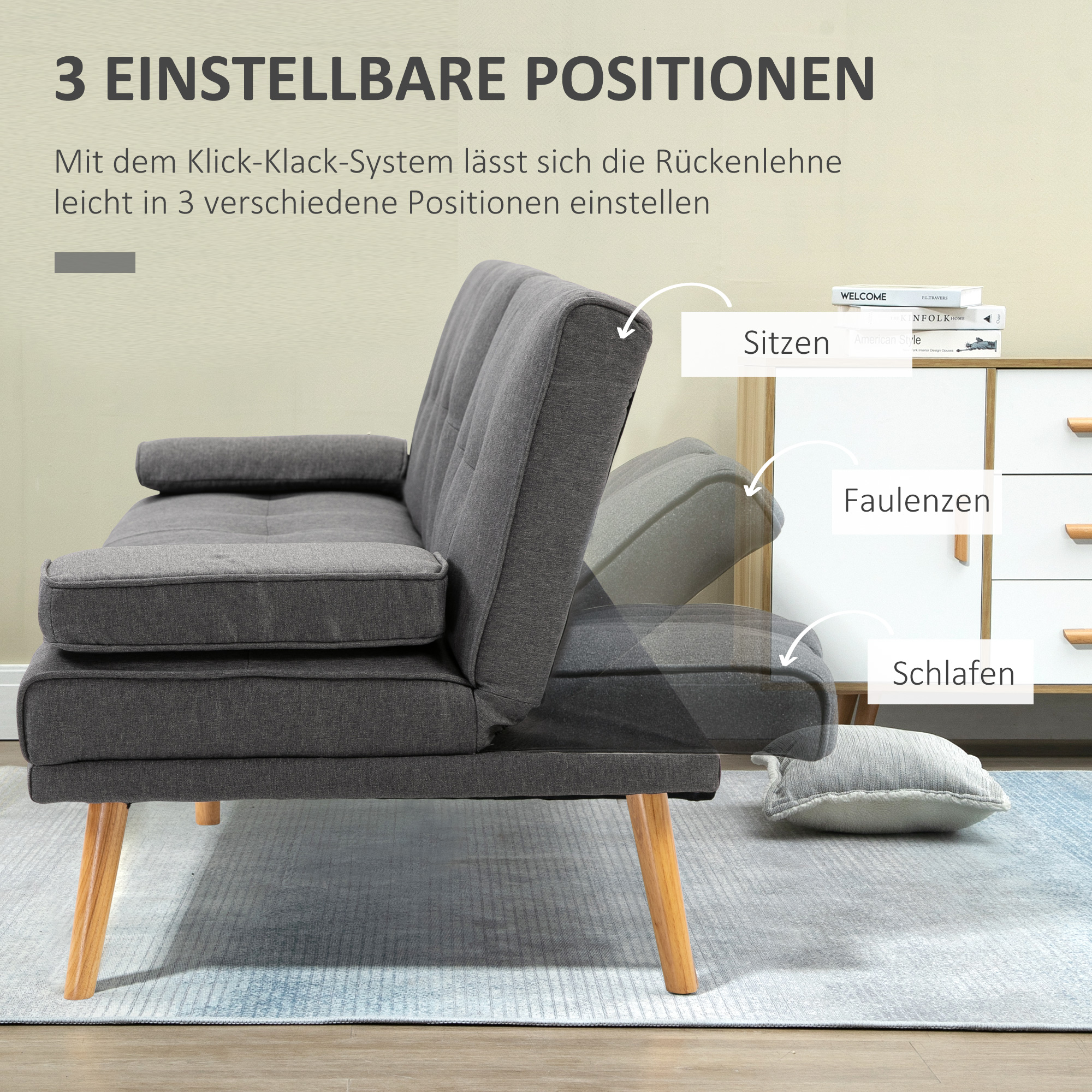 Slaapbank in Scandinavisch design, 3-zitsbank, 2 kussens, Grijs + Natuur