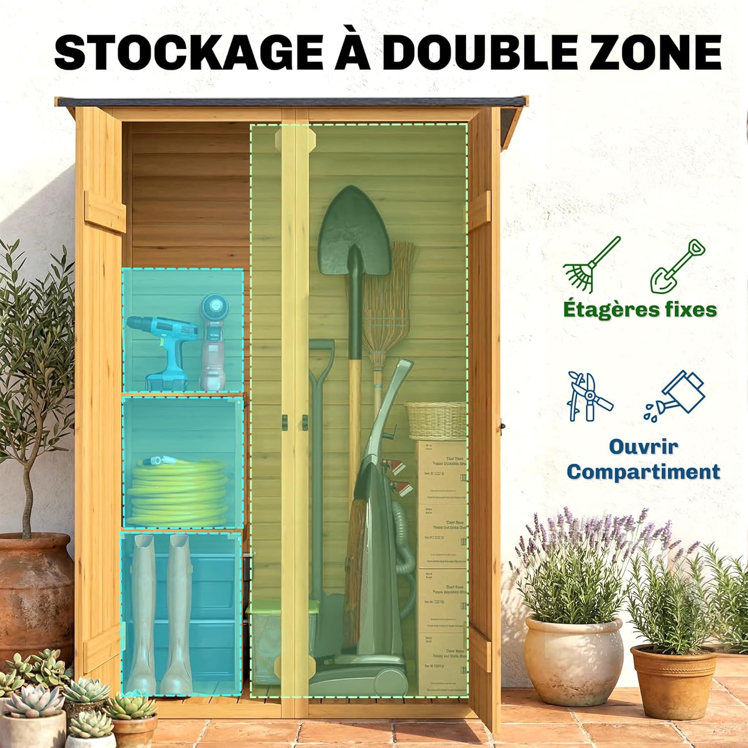 Outsunny Aufbewahrungsschuppen aus Holz, Gartenhaus mit 2 Regalen, Doppeltüren und Riegeln, Werkzeugschrank mit Schrägdach für Terrasse, Garten, Garage, Braun