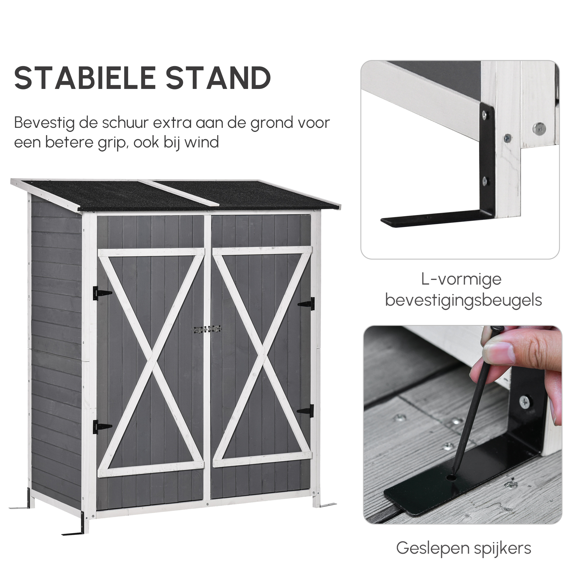 gereedschapsschuur met 2 deurs gereedschapskast met asfaltdak Tuin opbergkast anti-dumping design met grondspijkers dennenhout grijs + wit 139 x 75 x 160 cm