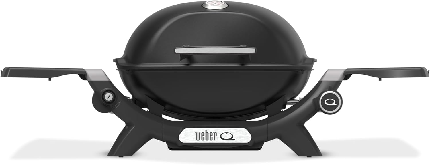 Weber Q 1200N Gasgrill mit Seitentischen/leichter Grill für Camping, Terrassen & Balkone mit Hochleistungsbrenner, porzellanemaillierten Gussrosten & elektronischer Zündung, Mitternachtsschwarz