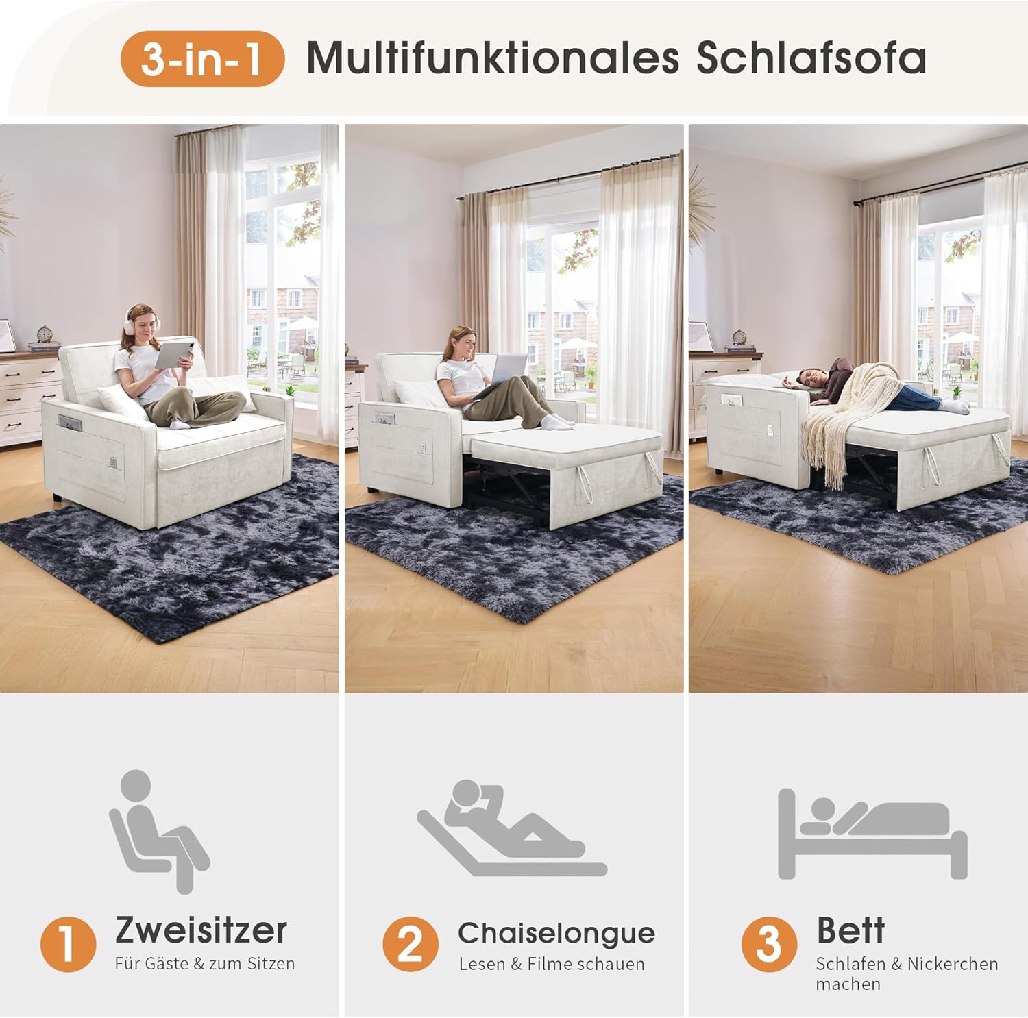 Schlafsofa 186 x 122 cm mit 5-stufig Verstellbarer Rückenlehne, 3-in-1 Schlafcouch mit Kissen und Seitentasche, cremeweißes Leinen-Sofa für Gästezimmer  und  kleine Räume