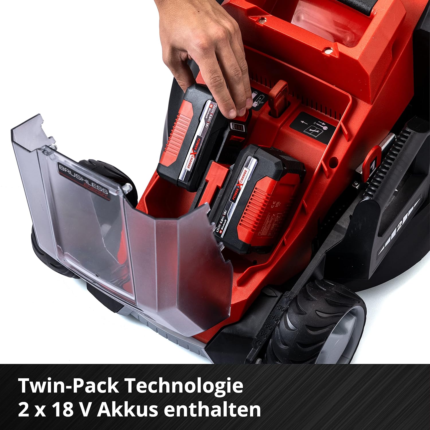 Einhell Akku-Rasenmher GE-CM 36/36 Li Kit Power X-Change (36 V, 36 cm Schnittbreite, bis 400 m, Brushless, 40L Fangkorb, 25-75 mm Schnitthhe, inkl. 2x 4,0 Ah Akku + 2x Ladegert)