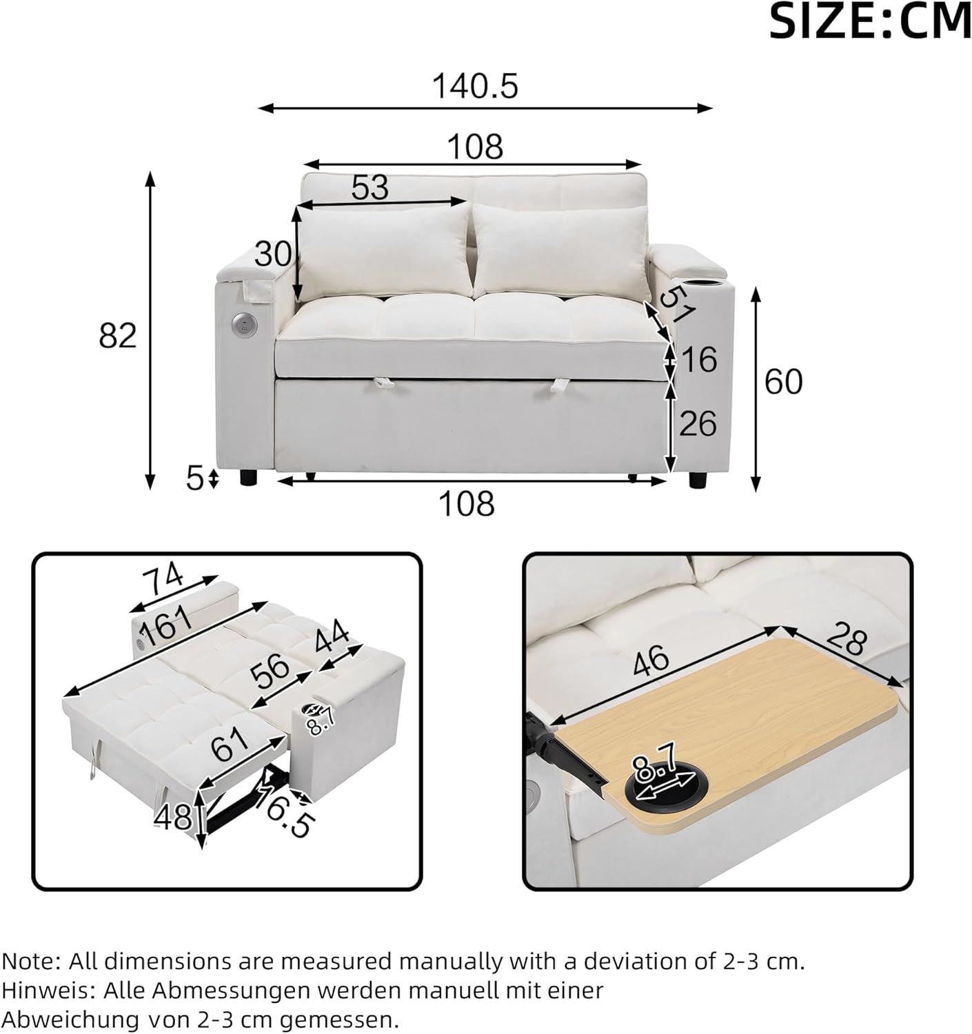Sofá cama 3-en-1 desplegable, con respaldo ajustable, puerto USB, sofá de 2 plazas tipo lounge, cama diurna plegable, equipado con mesa oculta, portavasos 140.5*74*82cm (Beige)