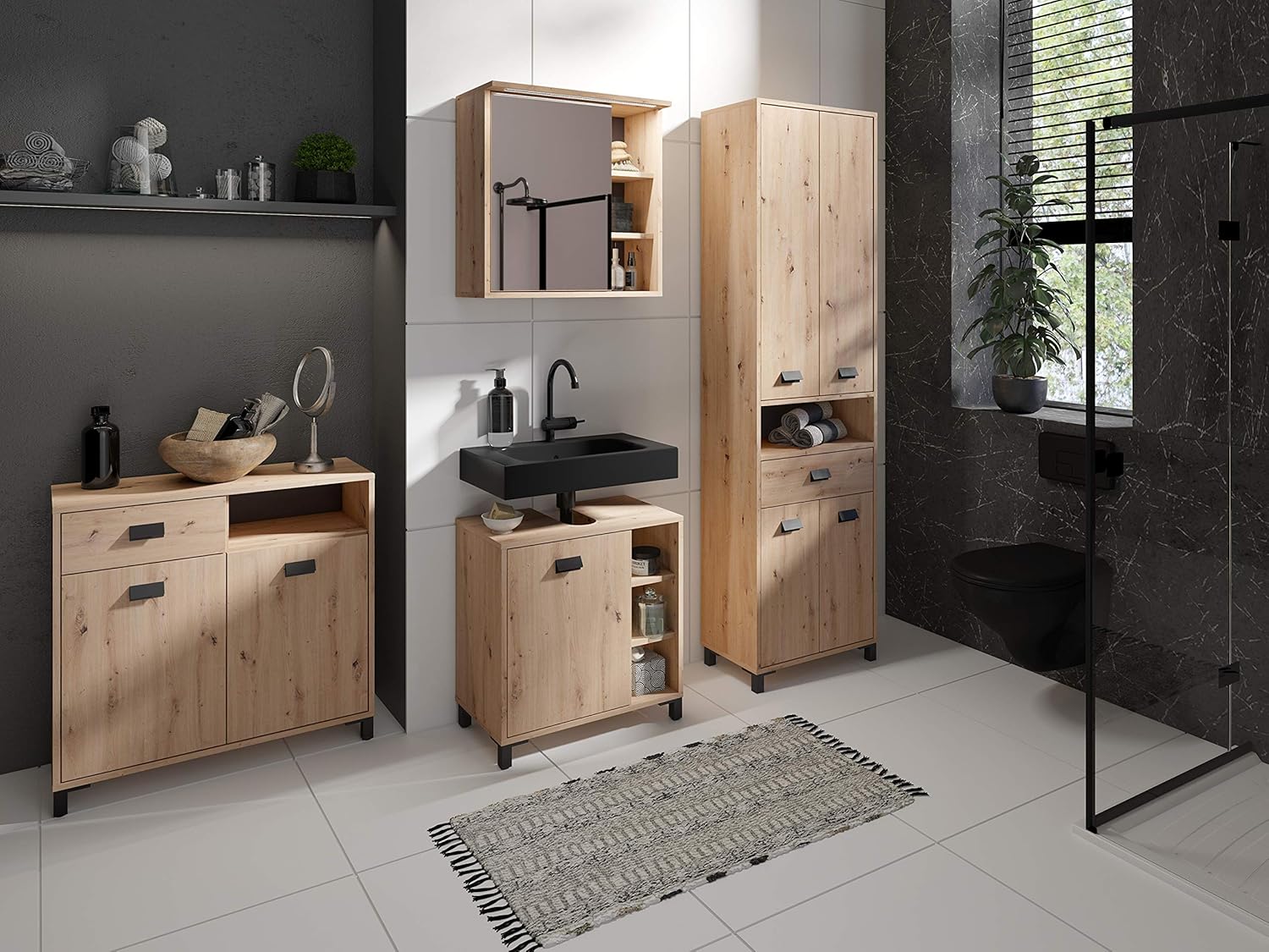 byLIVING Badezimmer-Hochschrank WELLNESS / Badschrank in Artisan Eiche Optik hell-braun / Griffe aus Metall in schwarz / Badezimmerschrank 4 Türen mit offenen Elementen / B 54, H 193, T 31 cm