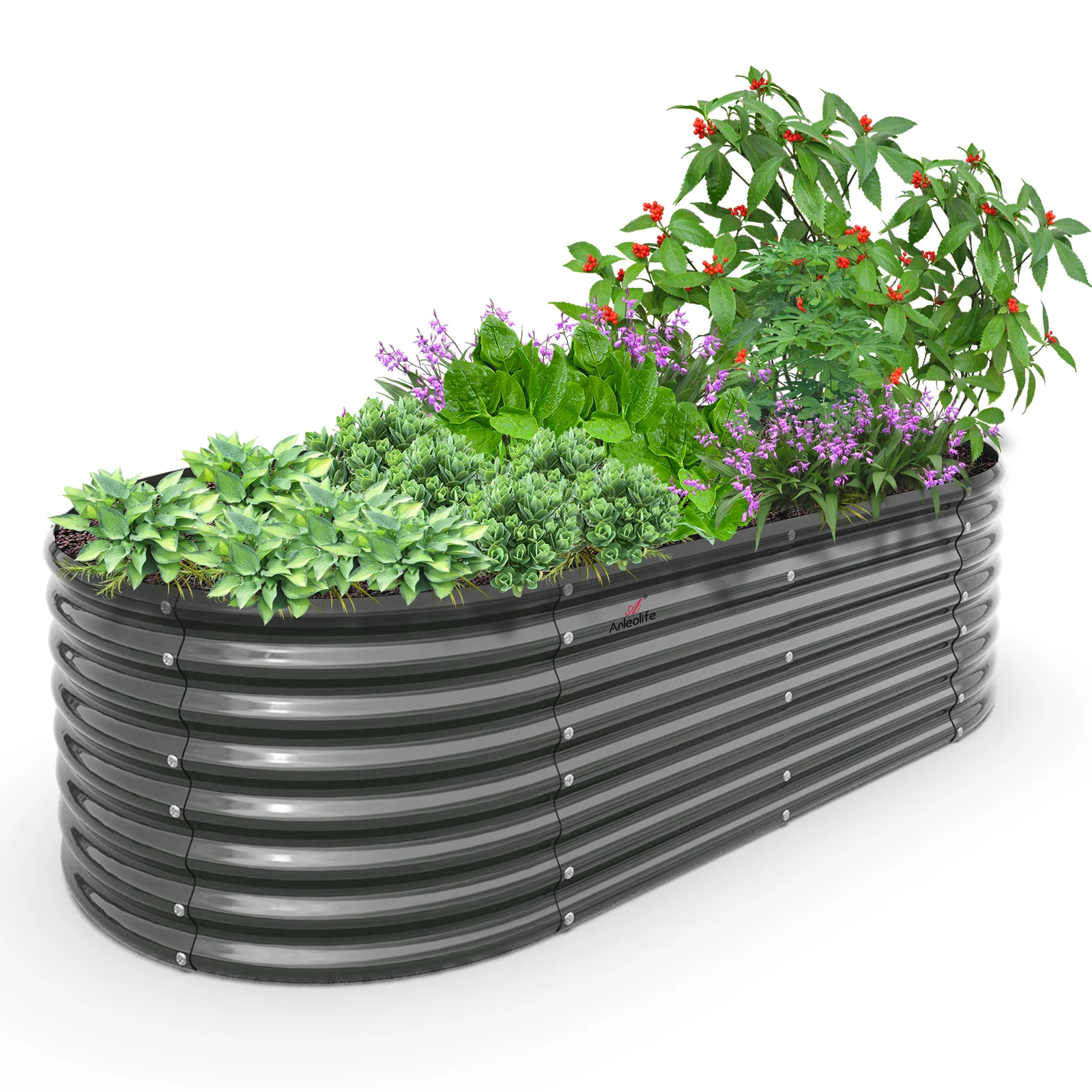 TRAMULL Verzinkte verhoogde tuinbak, 2,4 x 1,2 x 61 cm, ovalen modulaire bovengrondse metalen plantenbak voor buiten (kwartsgrijs)