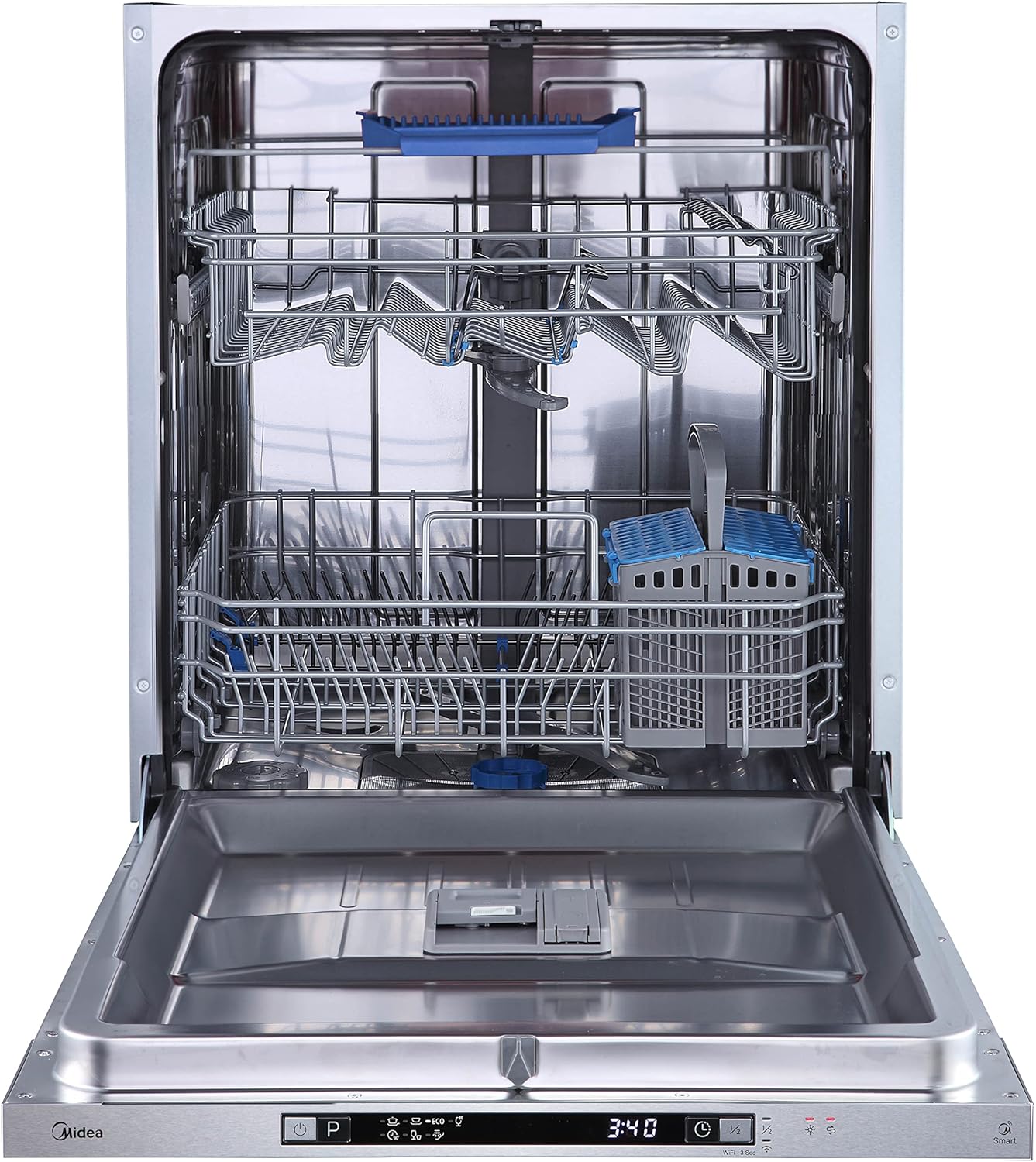 Midea Geschirrspüler Unterbau MDWEU1435XSS-W, 14 Maßgedecke, Spülmaschine 60 cm Teilintegrierbar mit WIFI, Extra Trocknung, 7 Programme, 47dB, 0-24h Startzeitverzögerung, Inox