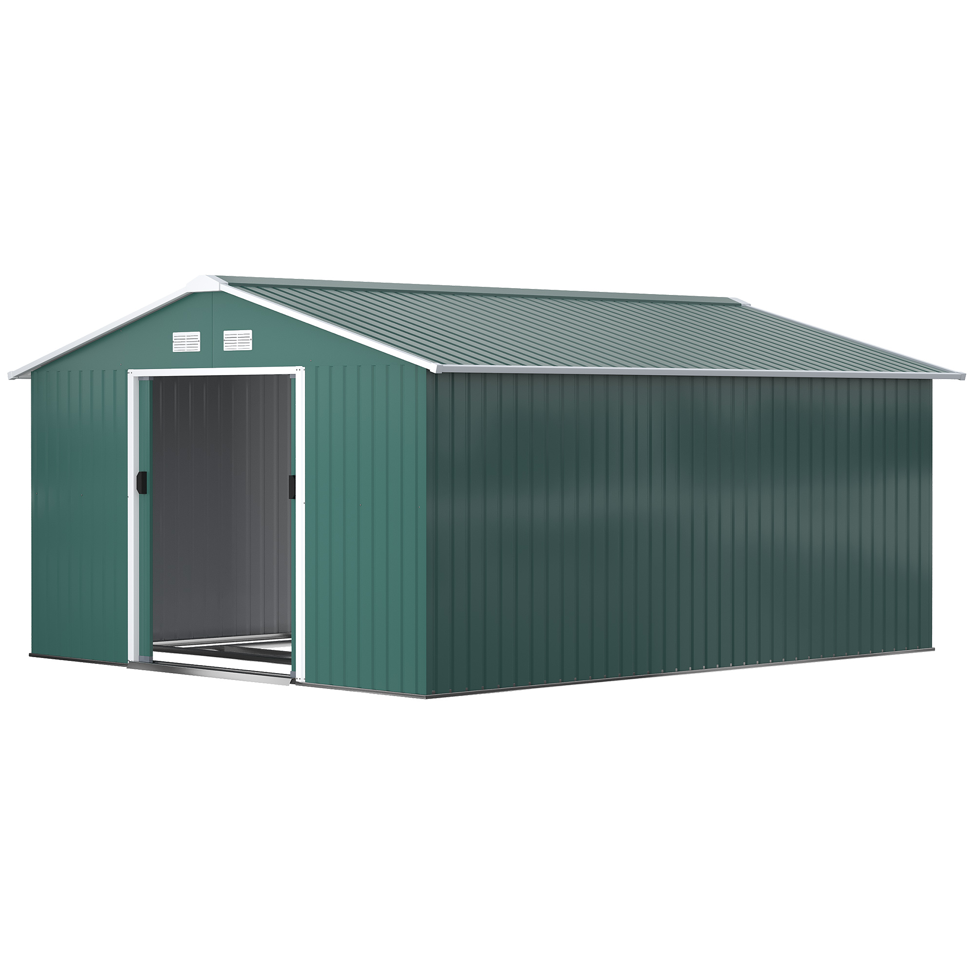 Outsunny Tuinschuur, Weerbestendig Tuinhuis voor Tuingereedschap, met Ventilatieramen, Schuifdeuren, Staal, Donkergroen