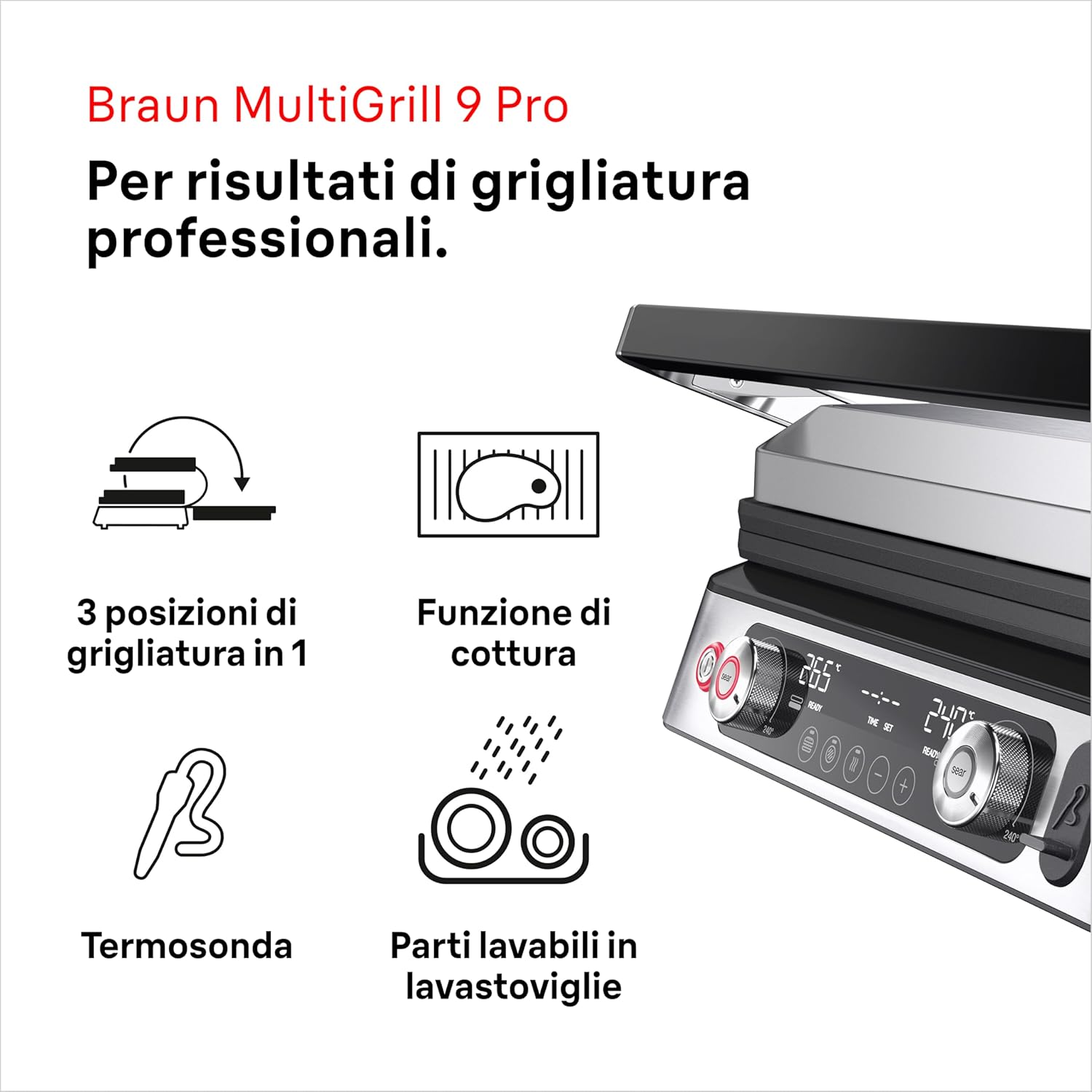 Braun MultiGrill 9 Pro CG 9160, Elektrogrill mit 2 unabhängigen Thermostaten, 3 Kochpositionen, spülmaschinenfeste Platten, integrierte Thermosonde, 2200 W, Schwarz/Edelstahl