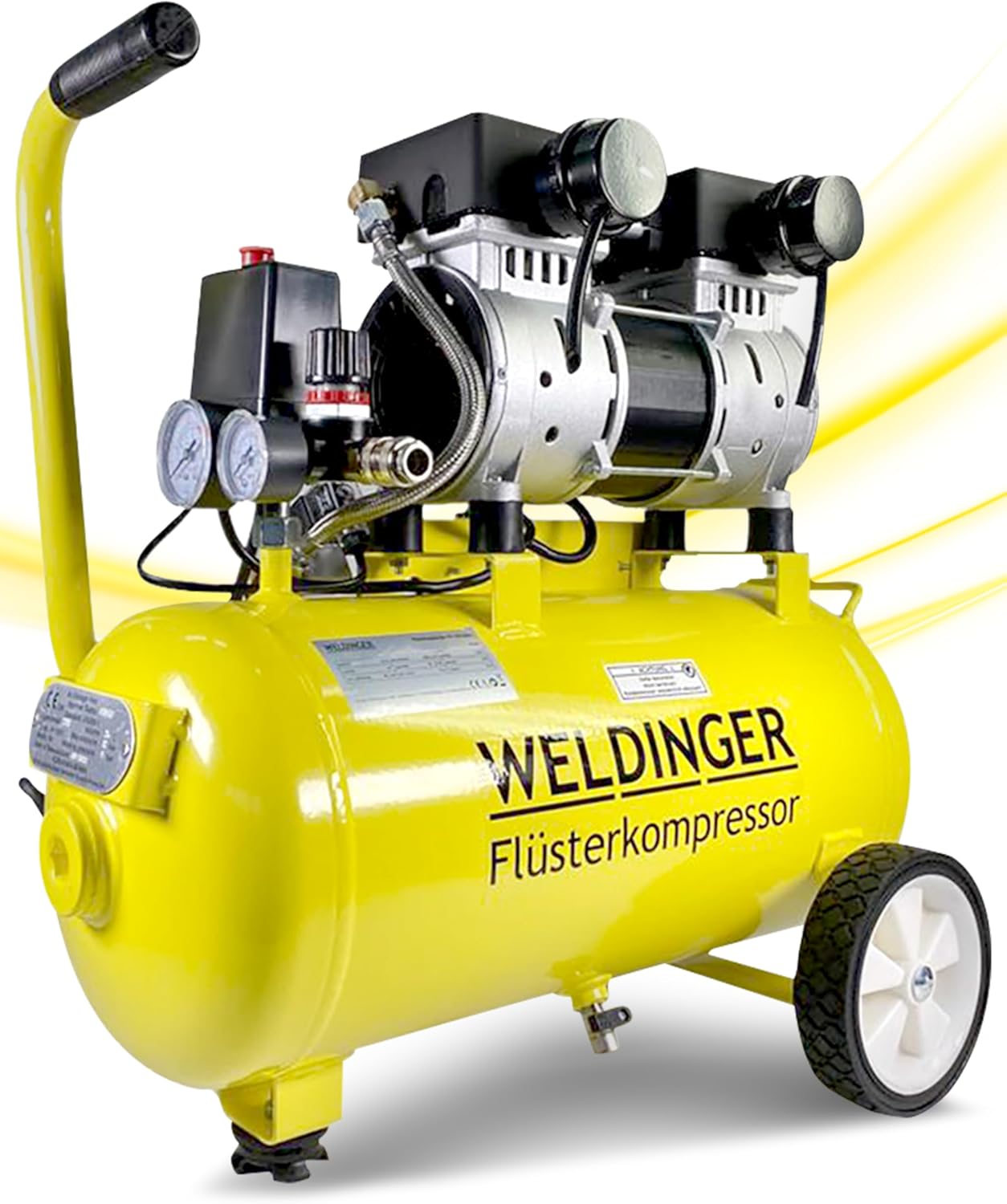 WELDINGER Flüsterkompressor FK 120 turbo pro 1500 W Luftabgabe 202 l/min ölfrei innenbeschichteter 24 l Tank Druckregler 5 Jahre Garantie