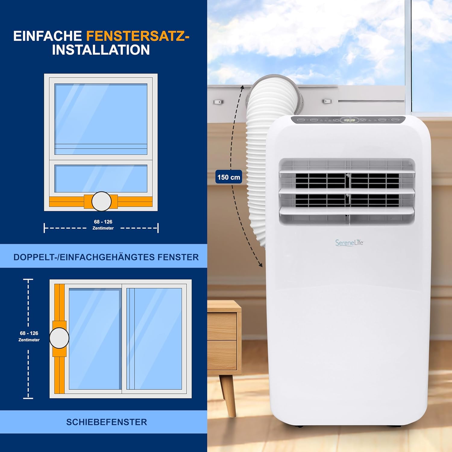 SereneLife Mini Klimaanlage mobil, 3-in-1 mobiles Klimagerät mit Abluftschlauch – Luftkühler, Luftentfeuchter & Ventilator, Air conditioner – 9.000 BTU, 1,5L Feuchtigkeit/Stunde, kühlt Räume bis 42 m2
