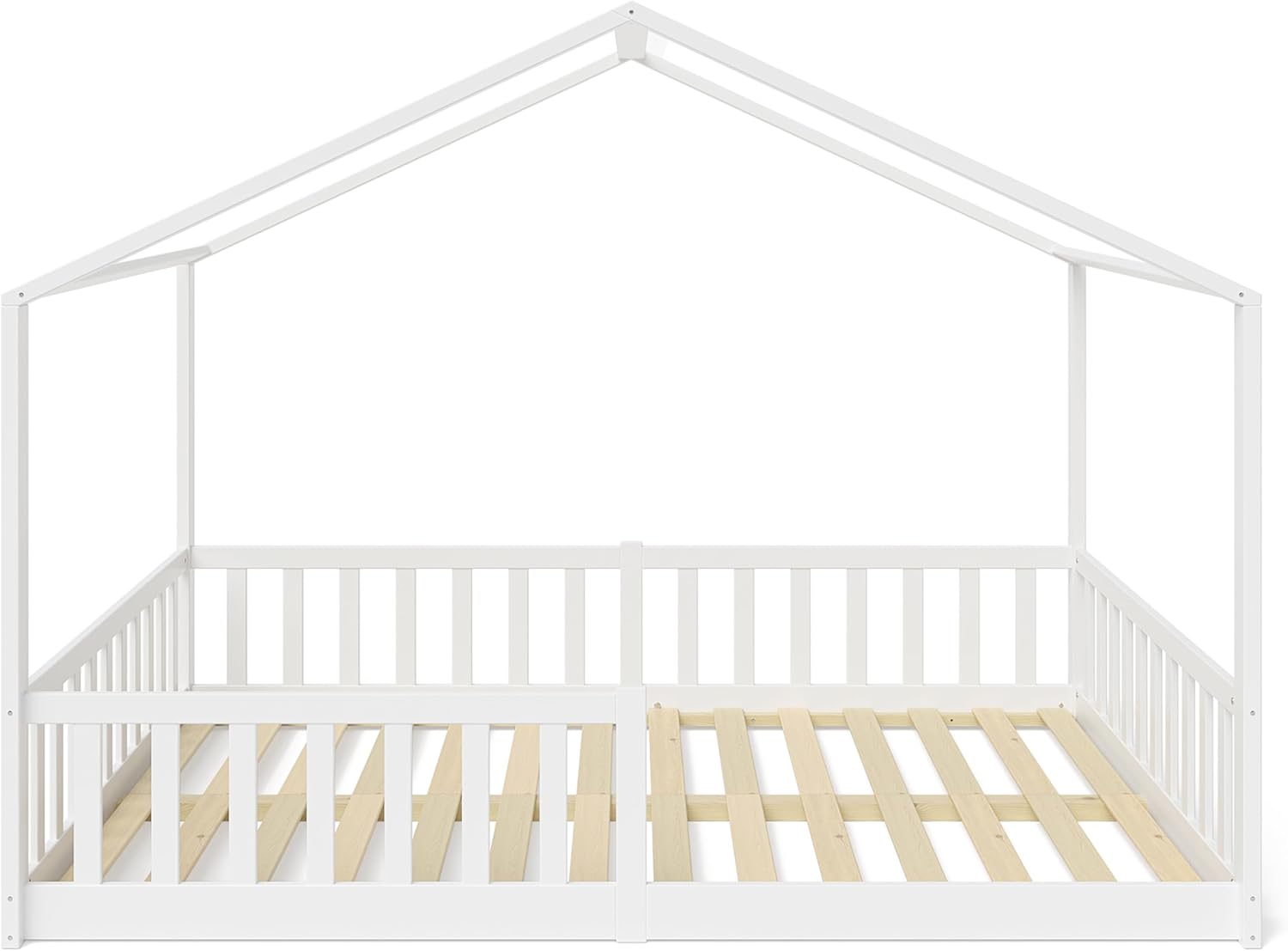 Bellabino Kinderbett Bia 140x200 cm, Hausbett Kinder inkl. Rausfallschutz und Rolllattenrost, Montessori Bodenbett weiß aus Massivholz Kiefer